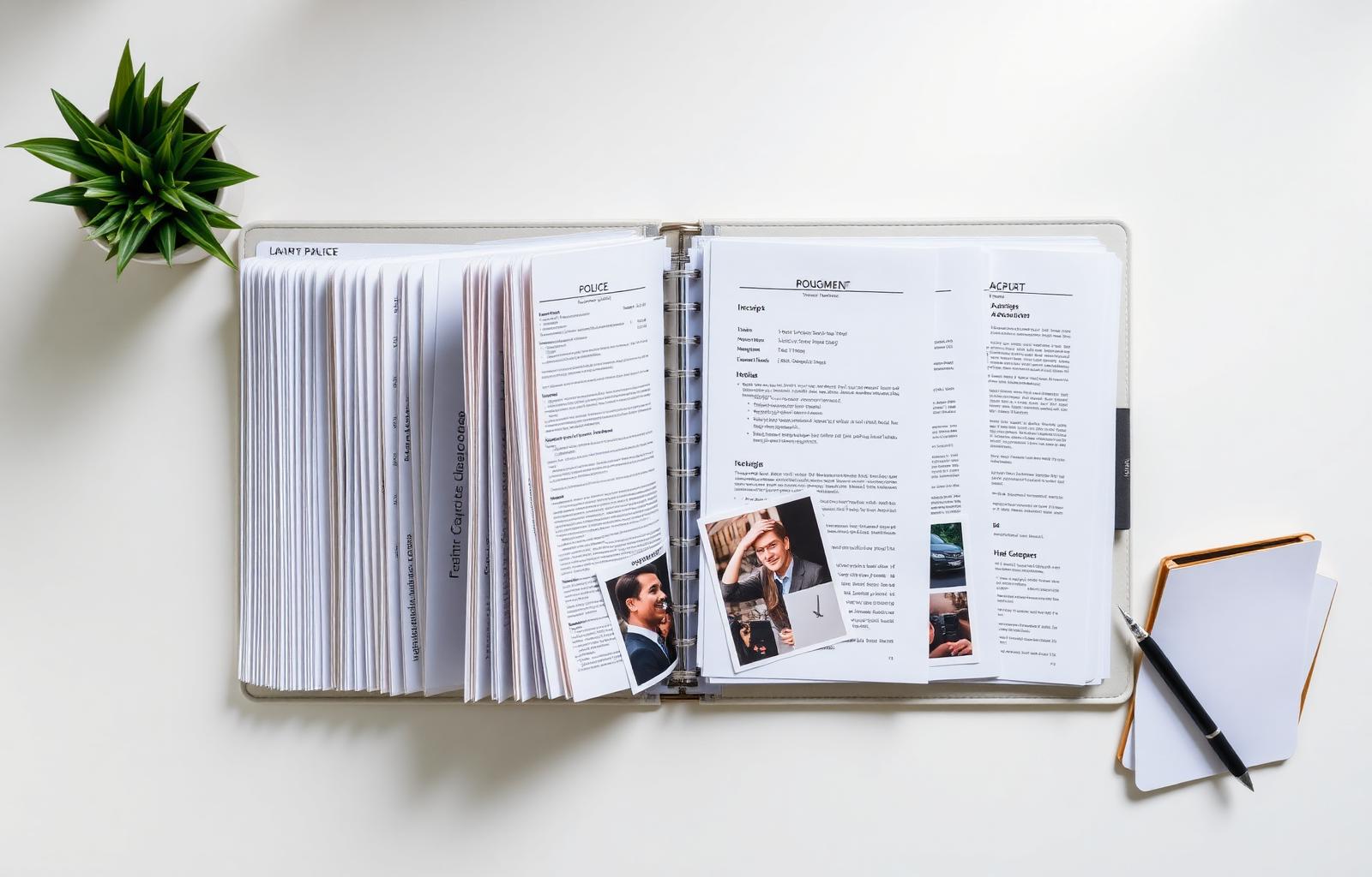 Top-down overhead view of a neatly organized accordion file folder open on a clean white desk with labeled tabs separating car accident documents, receipts, medical records and a police report — how to organize evidence to avoid the most common car insurance claim mistakes