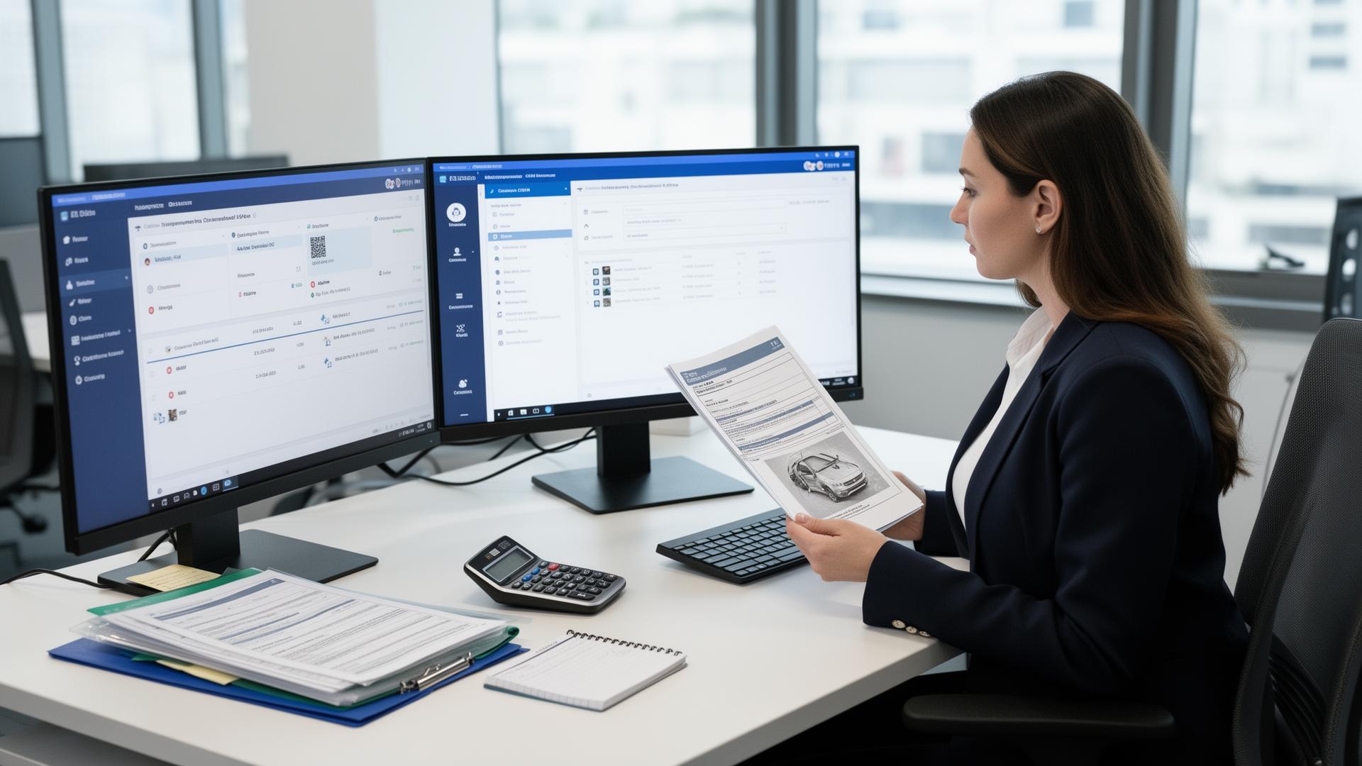 Female insurance claims adjuster reviewing an auto insurance claim file on dual monitors at a corporate office desk — auto insurance claim process behind the scenes