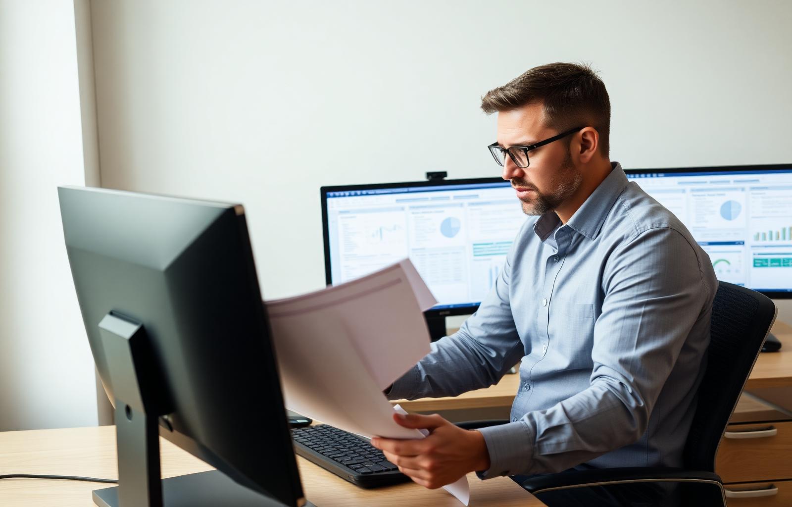 Professional auto insurance adjuster sitting at an office desk with dual monitors carefully reviewing a thick paper claim file to calculate an accident surcharge — how insurance companies decide your premium increase after a car accident
