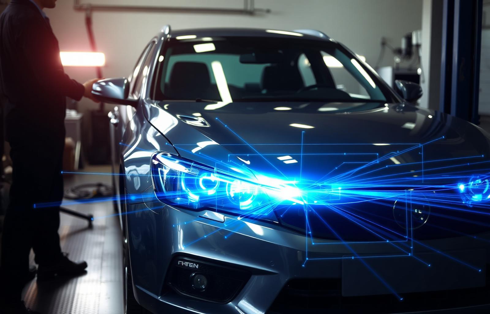 AI digital scan overlay analyzing damage on a sedan — AI adjusters settling car accident claims in 2026