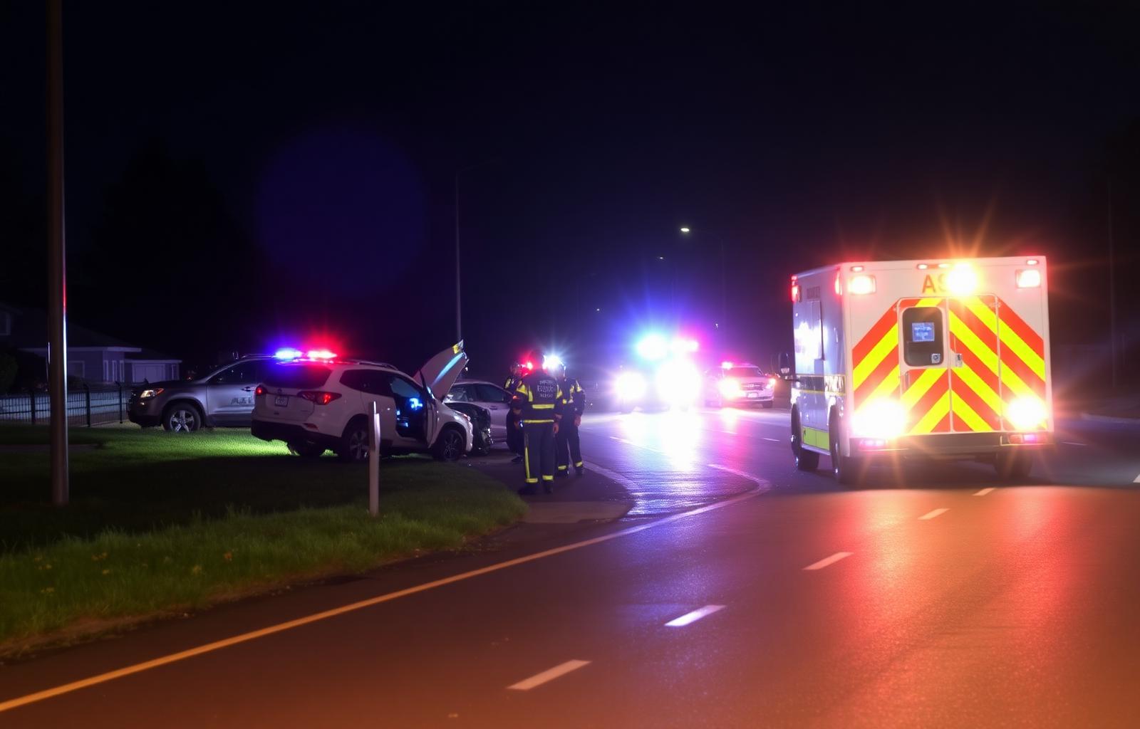 Ambulance and police cars with flashing lights at a serious nighttime car accident scene caused by a drunk driver