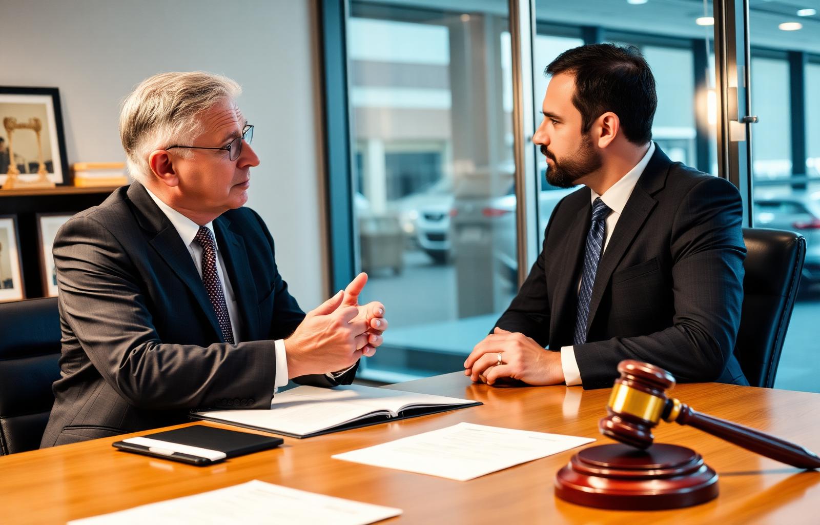 Car accident lawyer consulting with client across a desk — when to hire a car accident lawyer