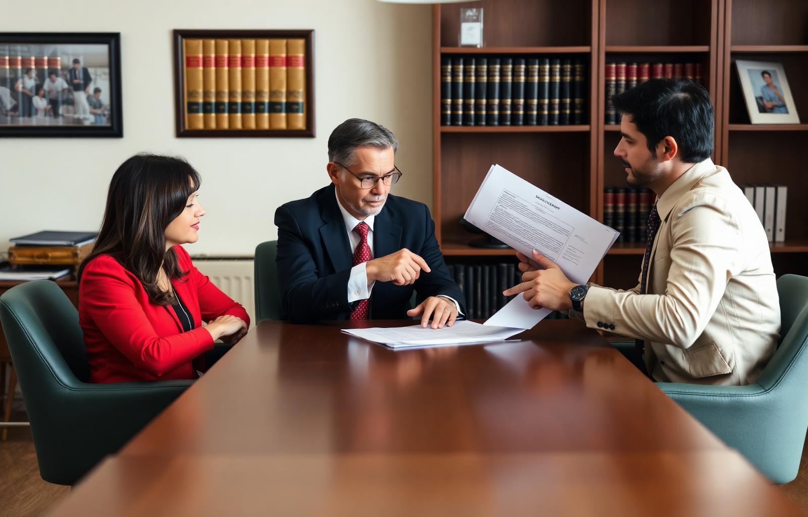 Personal injury attorney reviewing a settlement demand letter with a female client at a law office conference table — car accident insurance claim negotiation