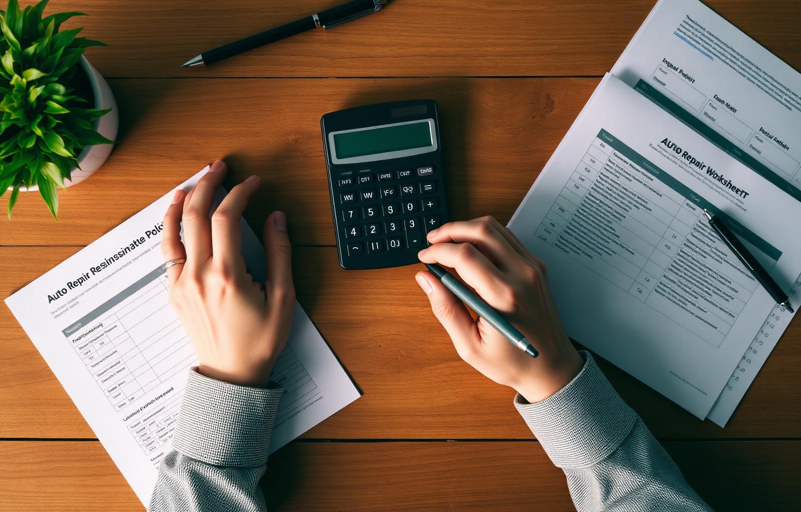 Top-down view of hands using a calculator at a wooden table with an auto repair estimate, insurance policy and deductible worksheet spread out — calculating whether to file a claim or pay out of pocket to avoid an insurance rate increase after a car accident