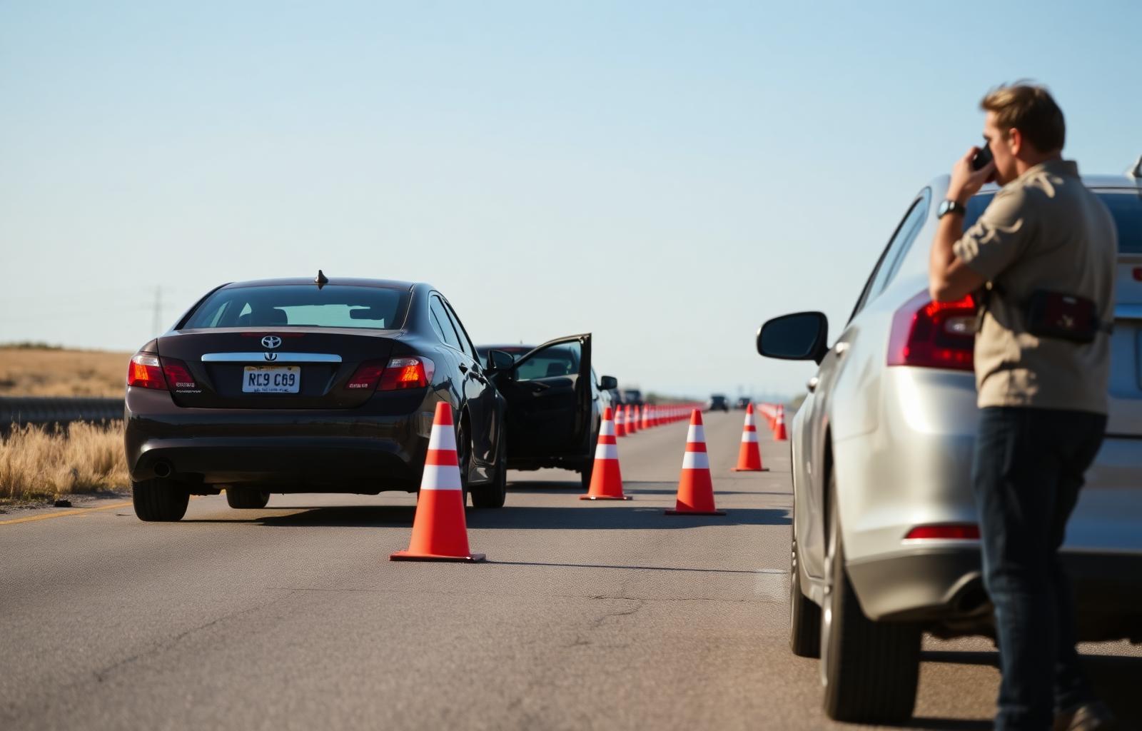 Calm driver on the side of the road calling police after a minor rear-end collision with hazard lights flashing and traffic cones placed behind the cars