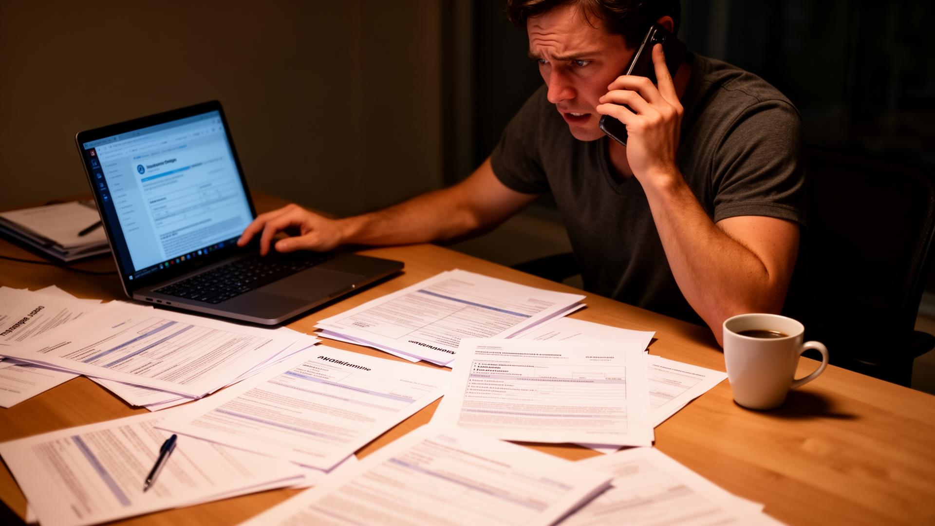 Frustrated driver sitting at a desk with claim paperwork and laptop, holding a phone while waiting on an insurance call — why car insurance claims take so long