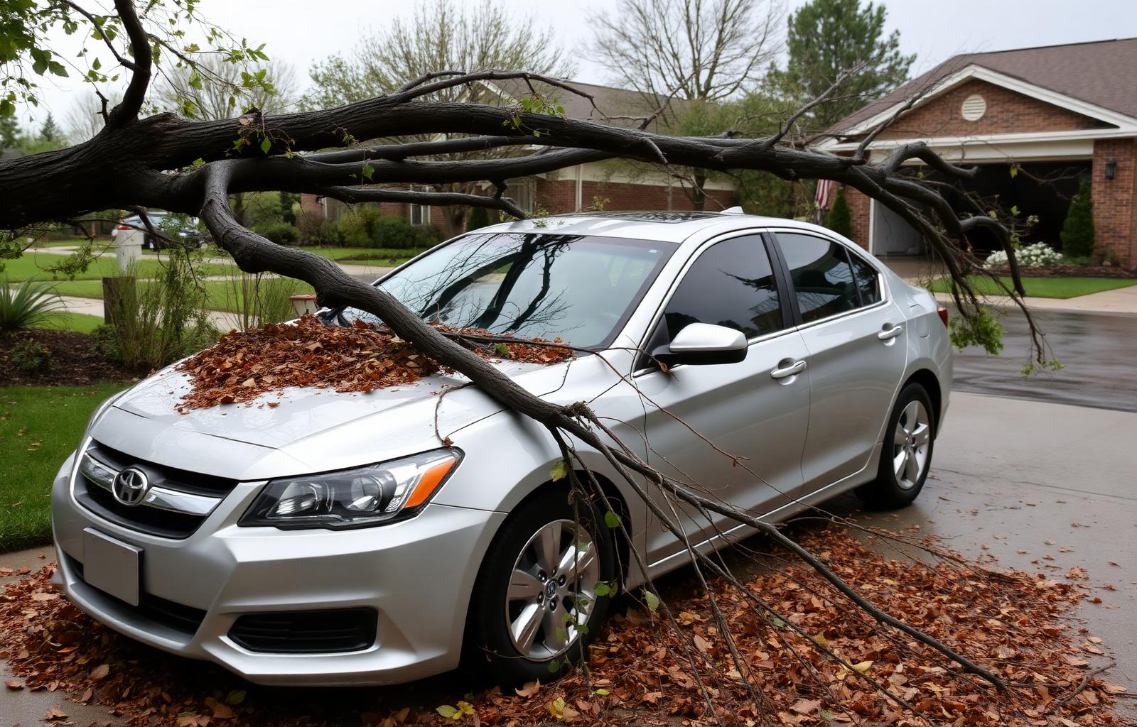 Hail-damaged windshield and fallen tree branch on a sedan in a suburban driveway illustrating comprehensive auto insurance coverage