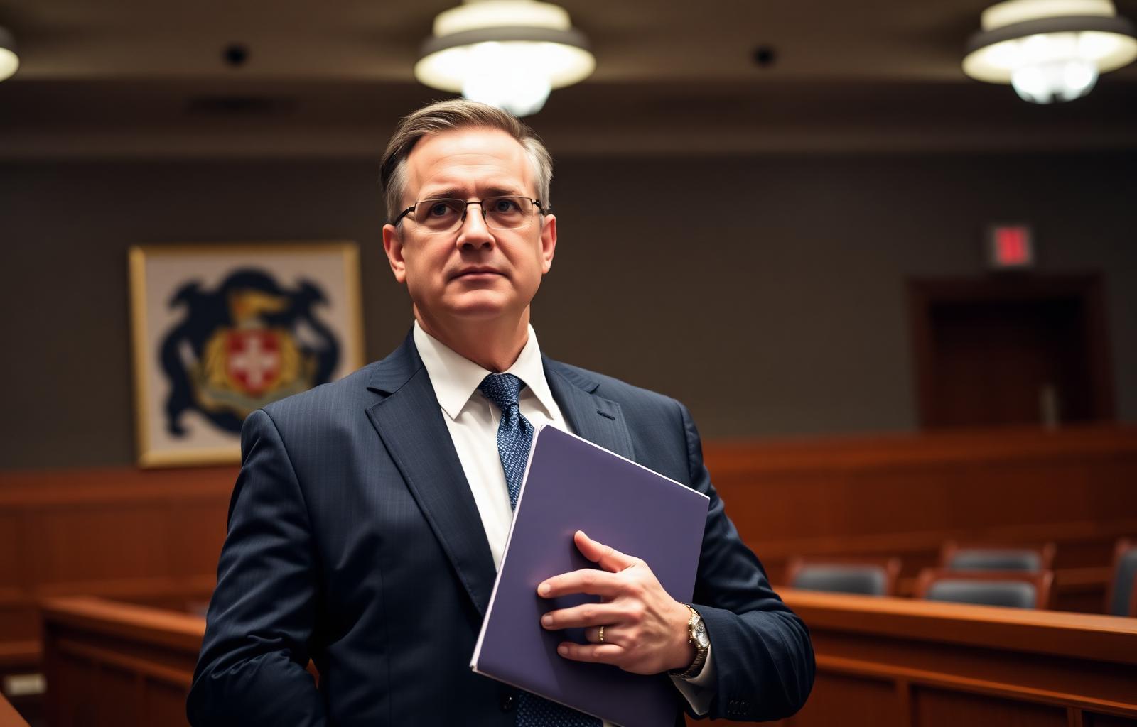 Confident car accident attorney holding a case file in a courtroom — proving that hiring a lawyer is worth the contingency fee cost
