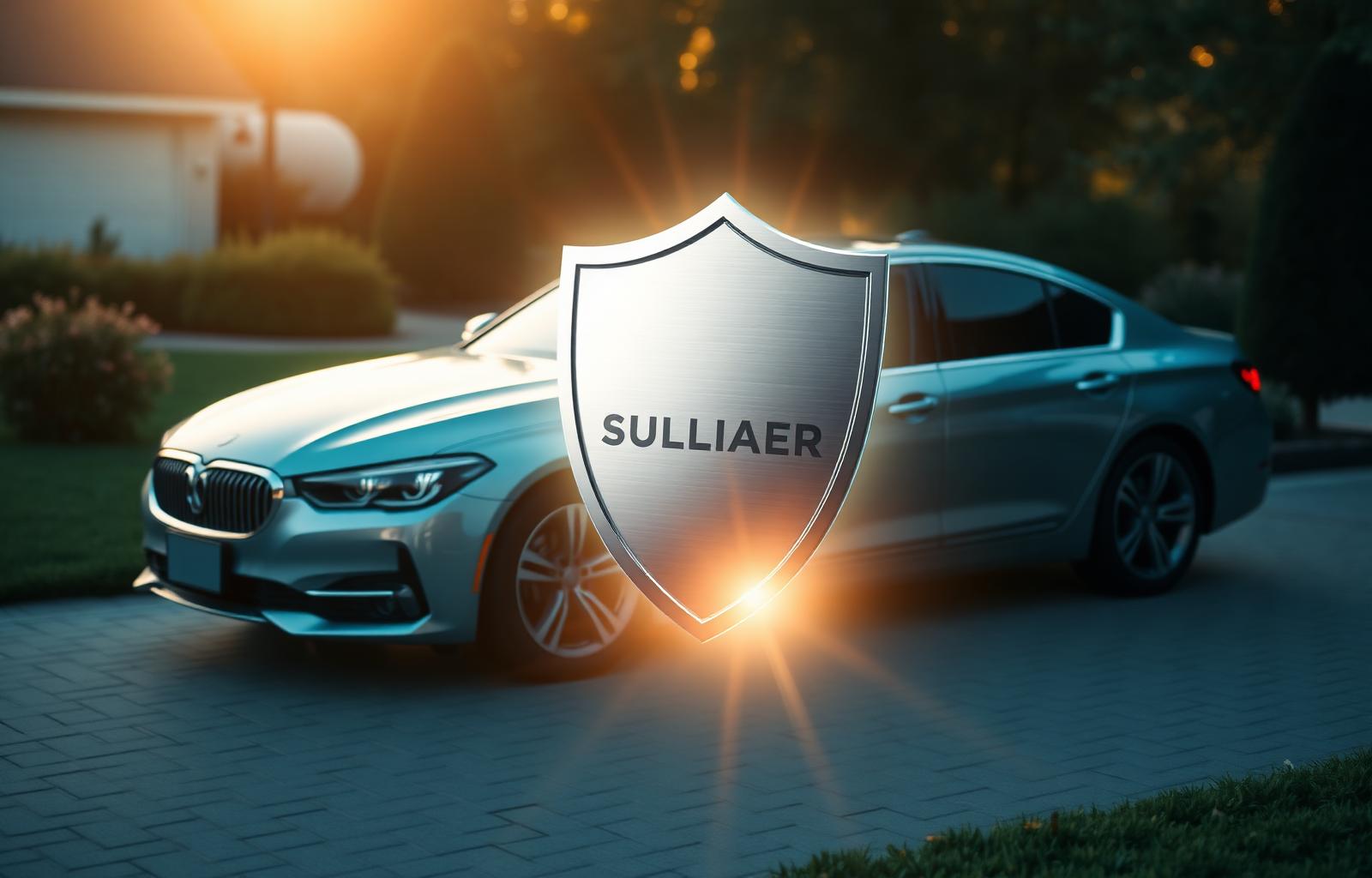 Silver protective shield over a parked sedan illustrating liability vs full coverage auto insurance