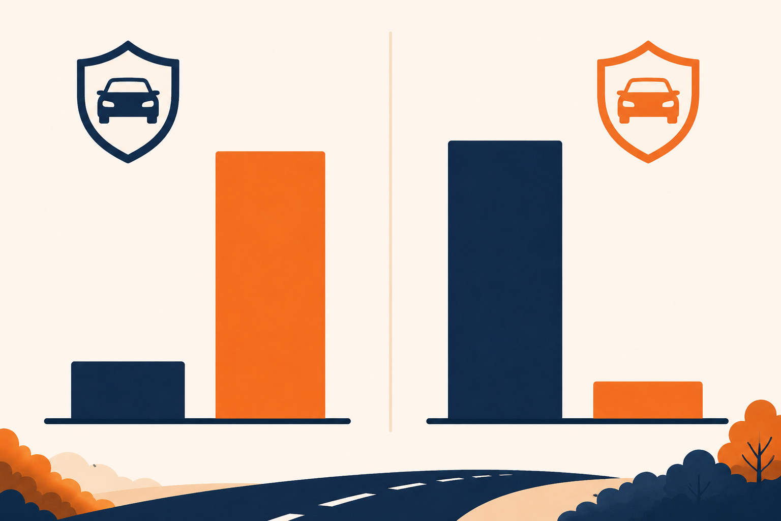 Comparison of high deductible vs low deductible car insurance — lower premium means higher out-of-pocket cost and vice versa