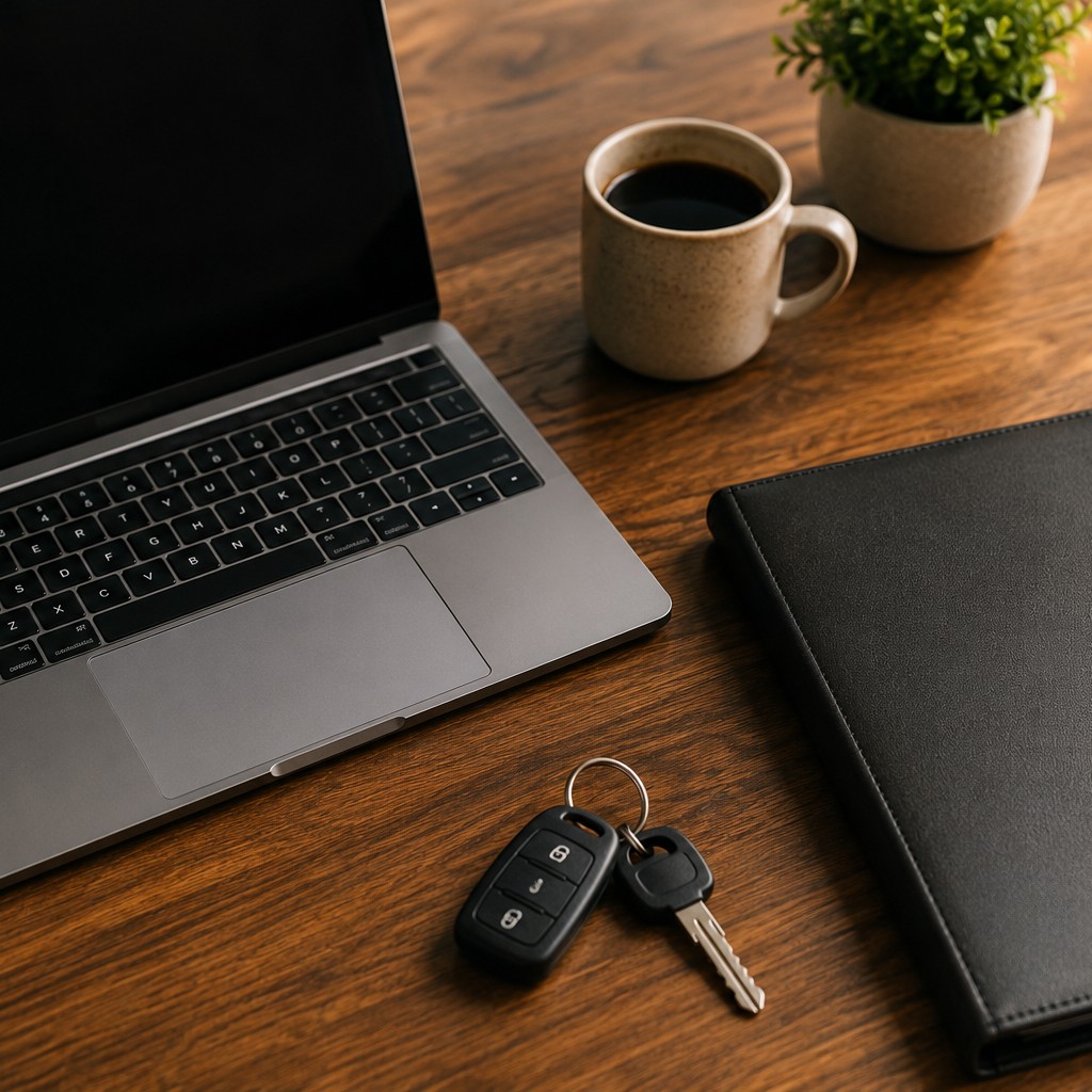 Desk with laptop, car keys, coffee cup, and insurance folder — choosing the right car insurance deductible