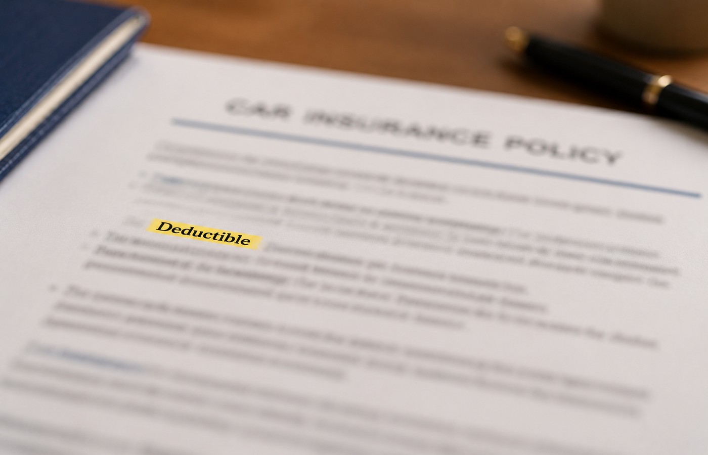 Close-up of a car insurance policy document with the word Deductible highlighted