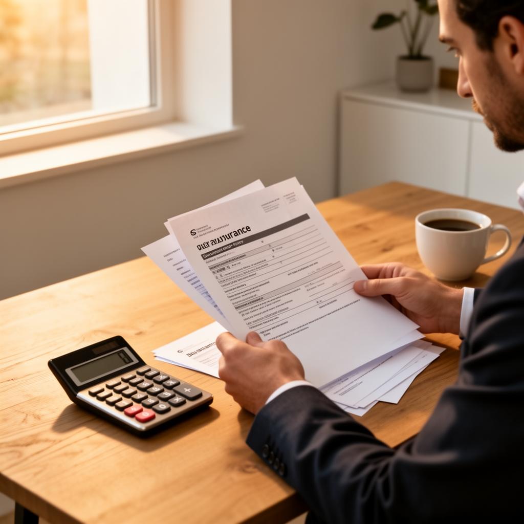 Person reviewing car insurance policy documents at a desk with calculator and coffee cup