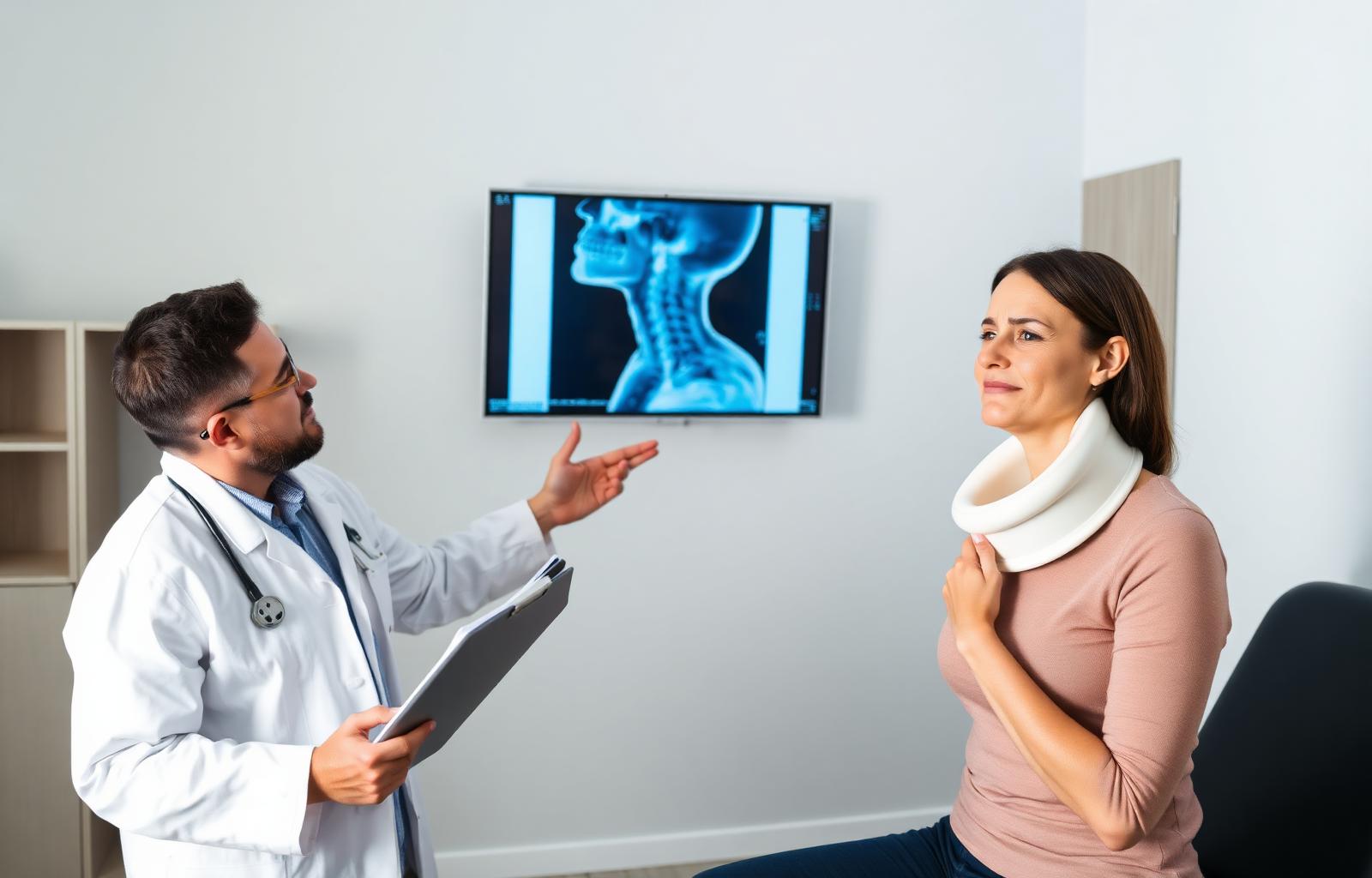 Doctor examining a middle-aged woman's neck in a soft cervical collar with cervical spine MRI imaging visible on a wall monitor — delayed soft tissue injury after low-speed car accident