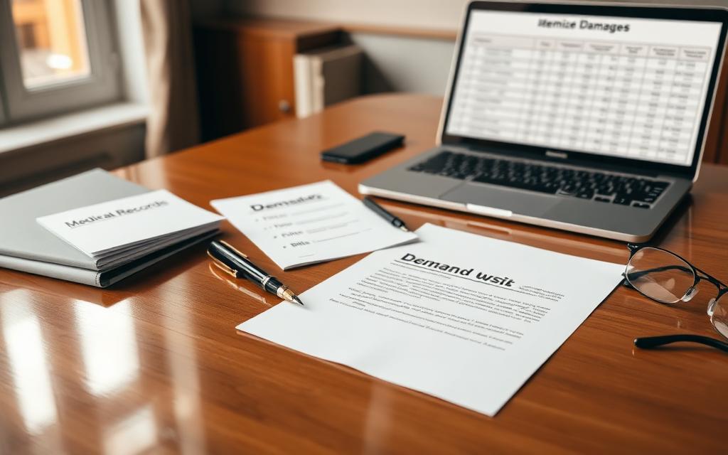A professional desk scene showing a demand letter being written with organized medical records, police report, and bills alongside a laptop displaying damages — how to write a car accident demand letter guide