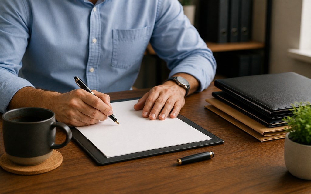 Person writing a car accident demand letter at a professional desk with folders and pen