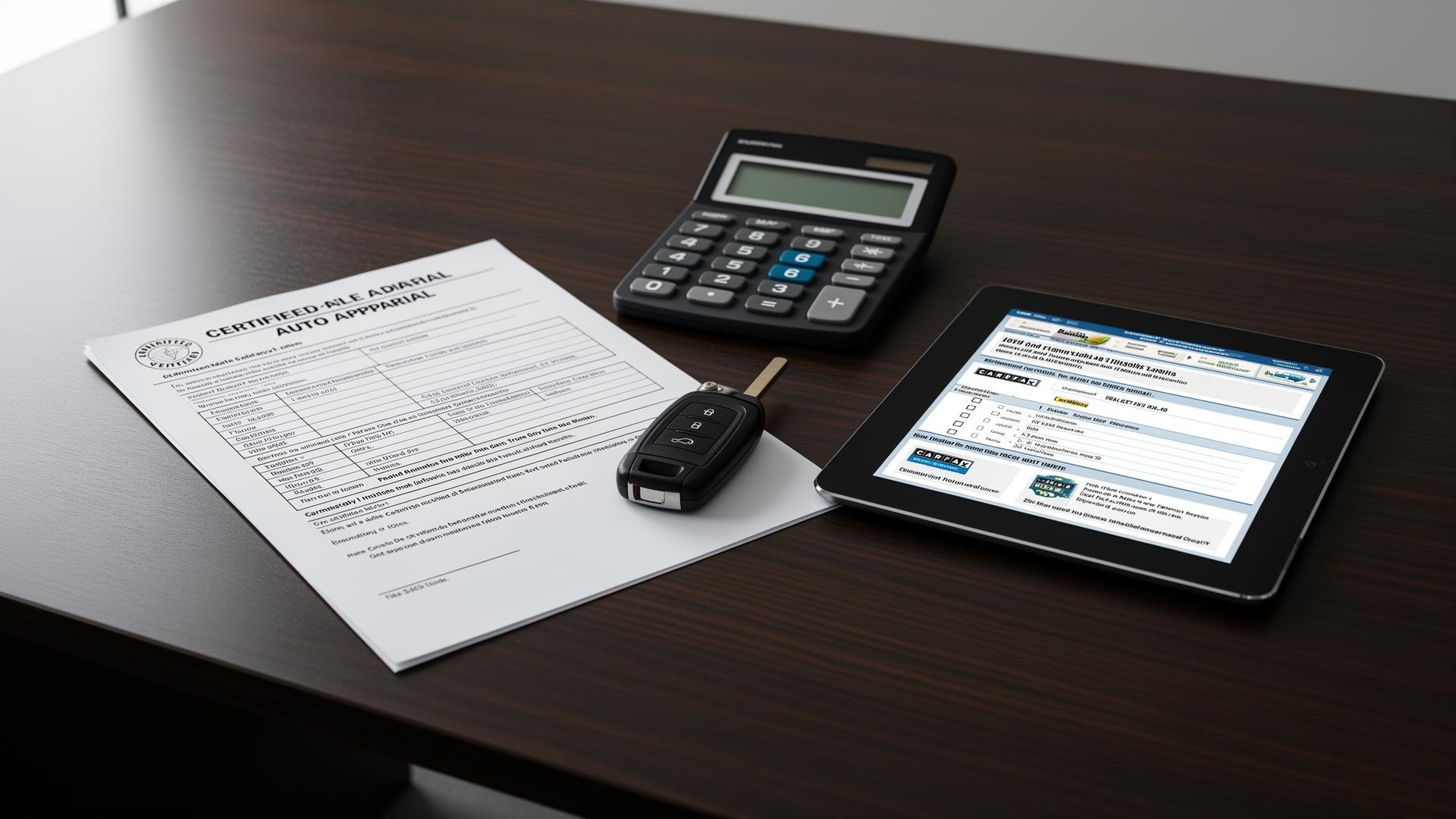 A modern desk with an auto appraisal document, car key fob, calculator, and tablet showing a vehicle history report — diminished value claim after a car accident