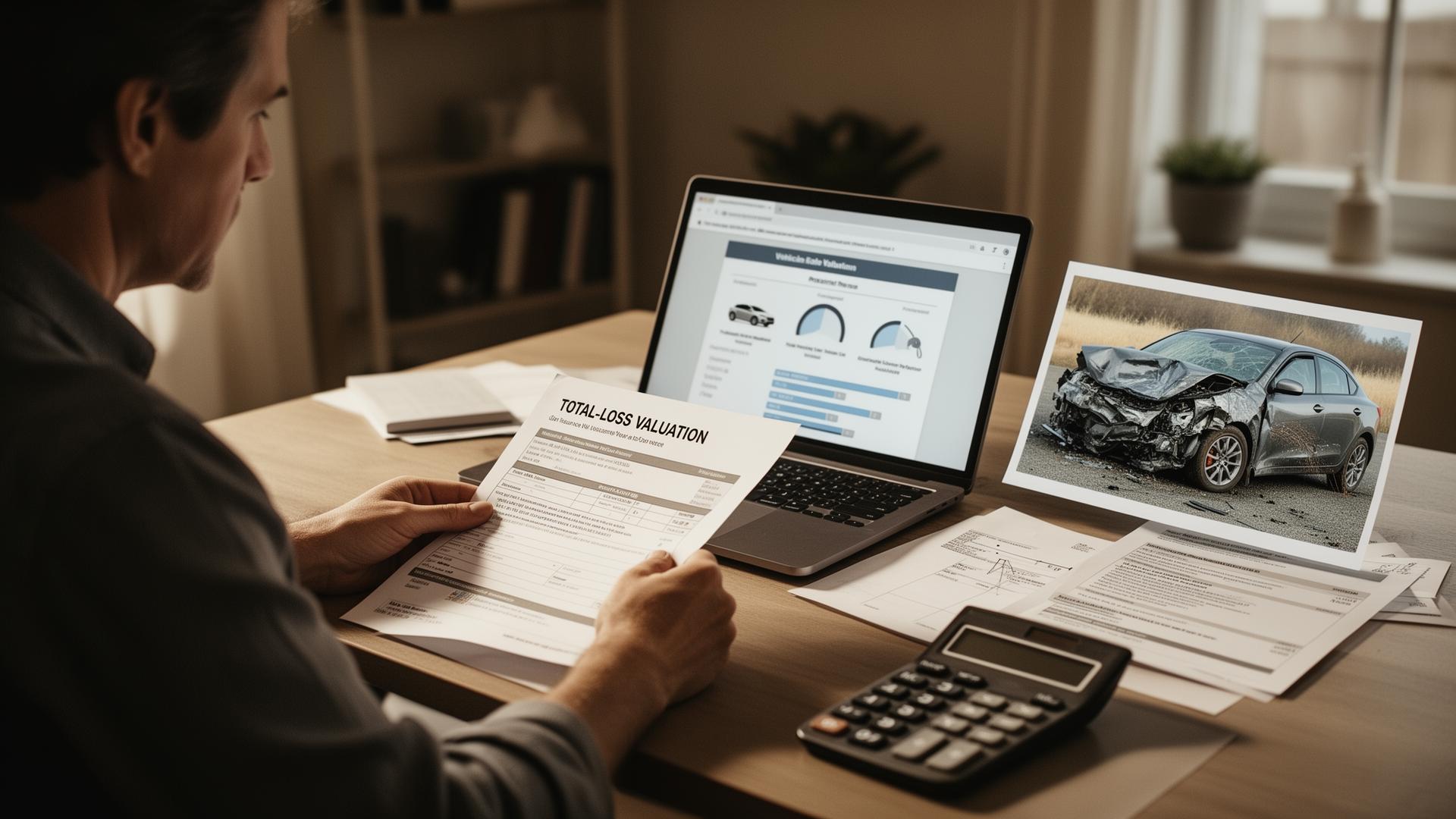 Driver reviewing a low total-loss insurance valuation report and vehicle research on a laptop at a home desk — how to dispute a totaled car payout