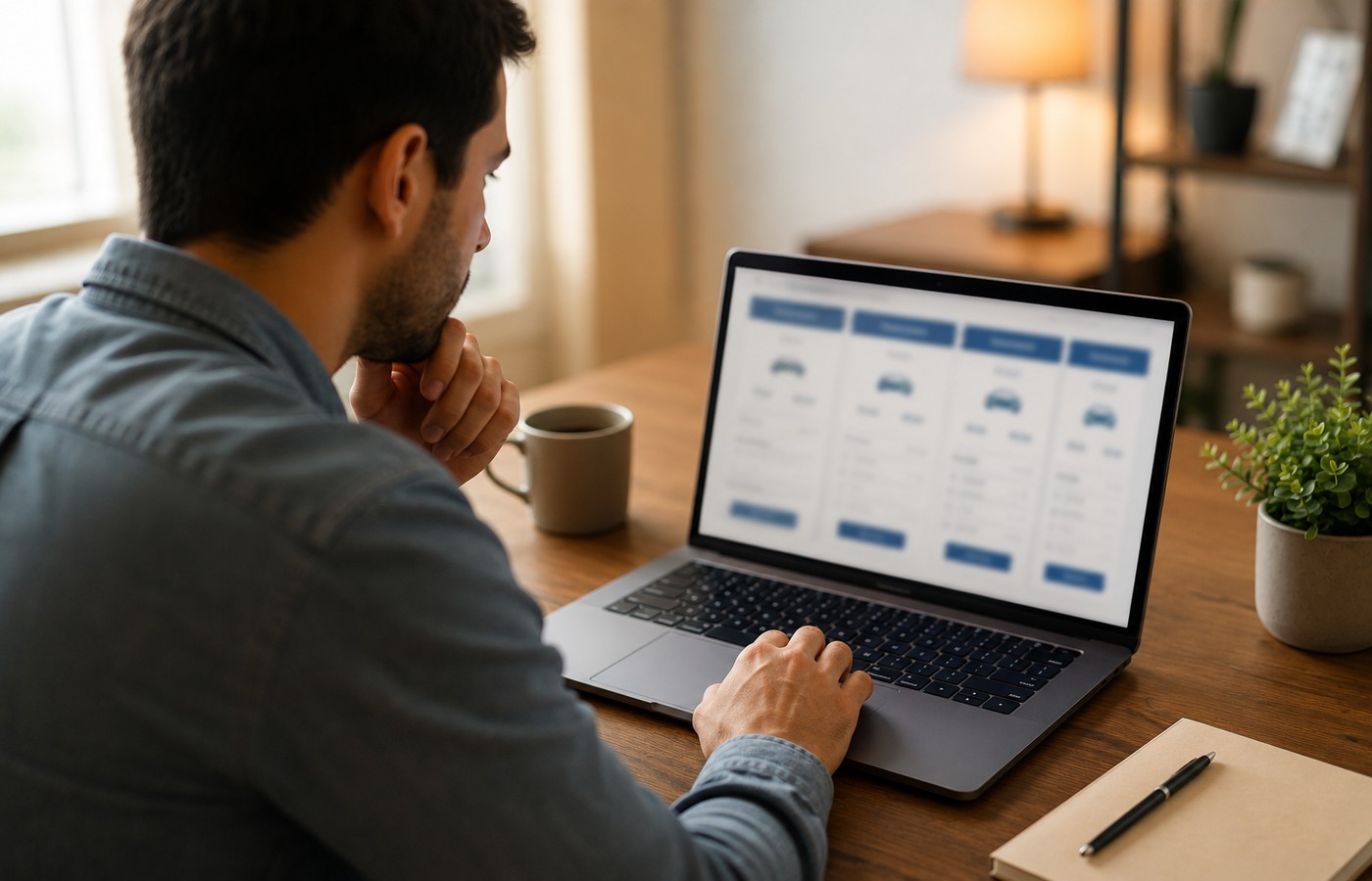 Driver comparing auto insurance quotes and discounts on a laptop