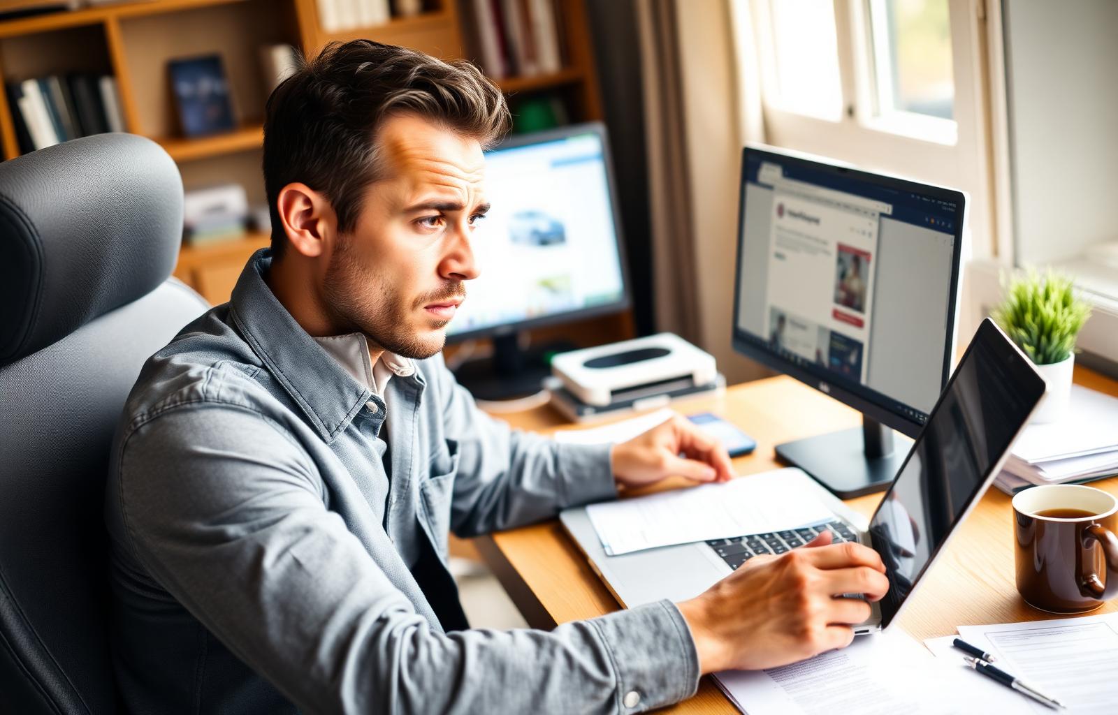 Confused driver at a home office desk reviewing full coverage vs liability auto insurance policy options on a laptop