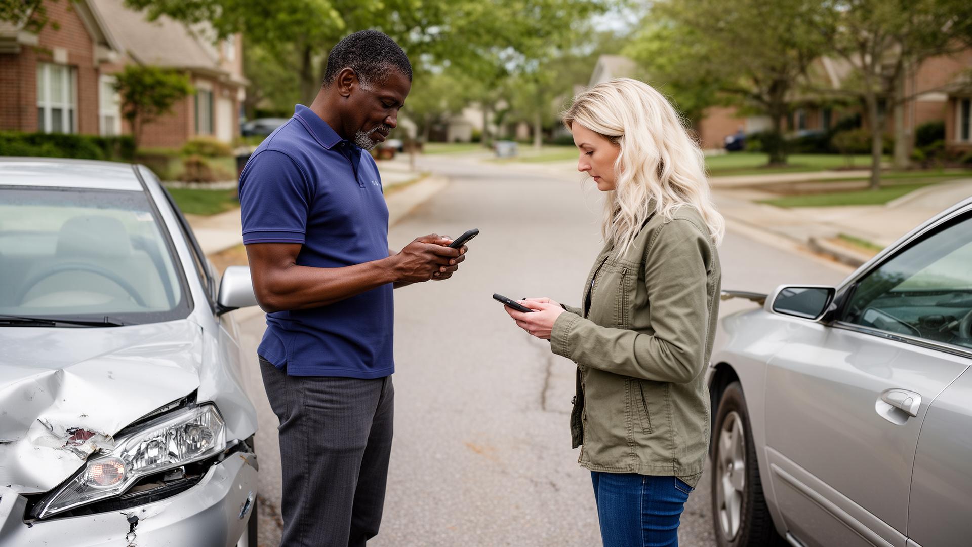 Two US drivers exchanging insurance cards beside their vehicles after a car accident