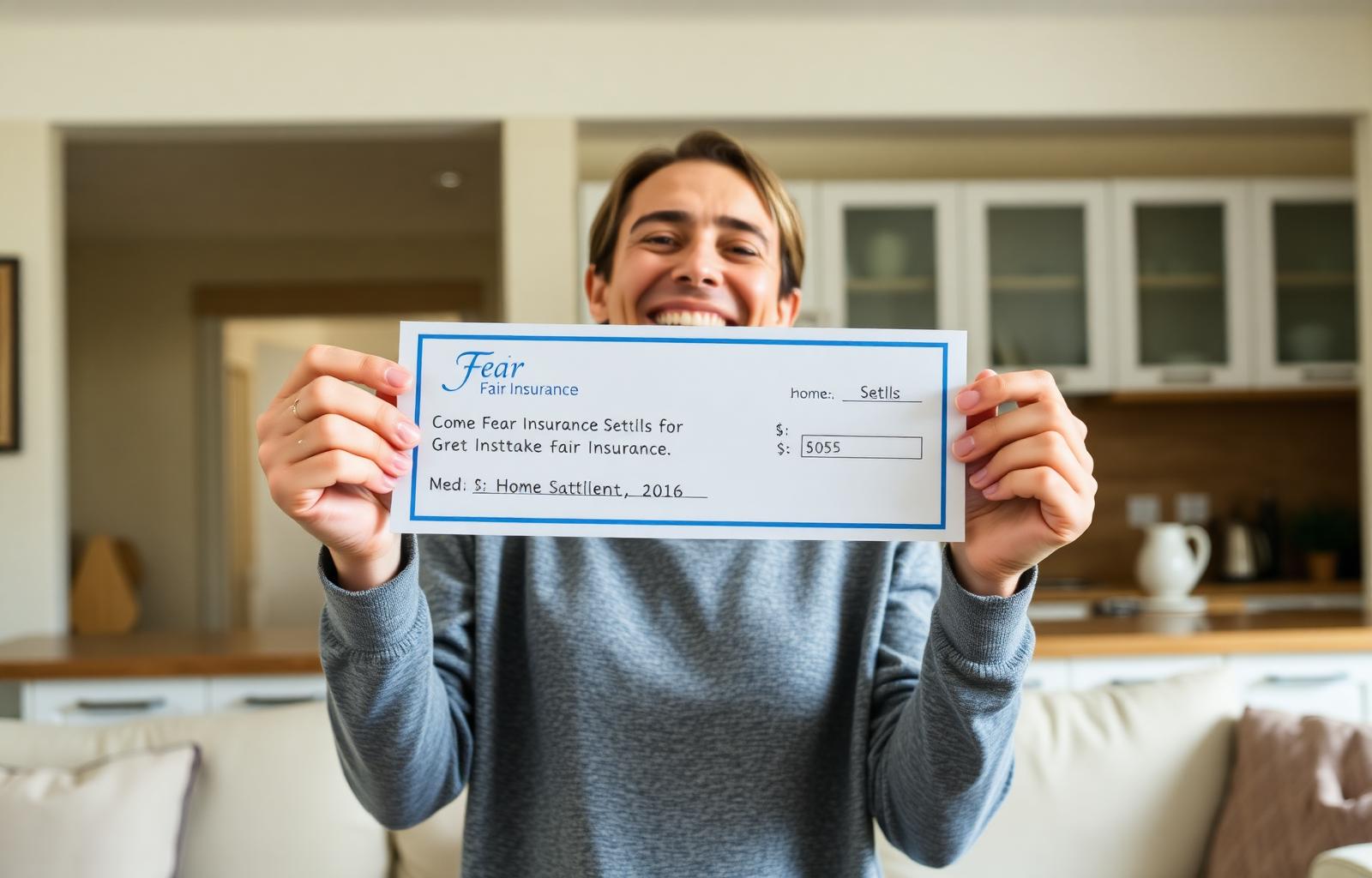 Relieved smiling person at home holding up a fair car accident insurance settlement check with both hands after successfully countering a lowball offer — winning a fair insurance settlement negotiation