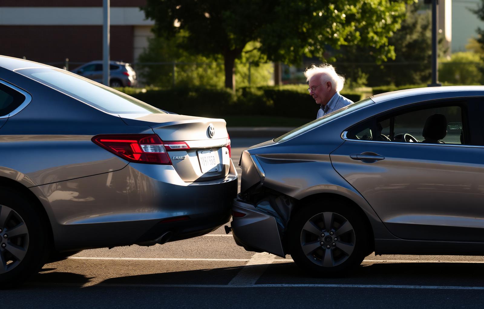 Two sedans bumper-to-bumper after a parking lot fender bender — $25,000 fender bender insurance lesson