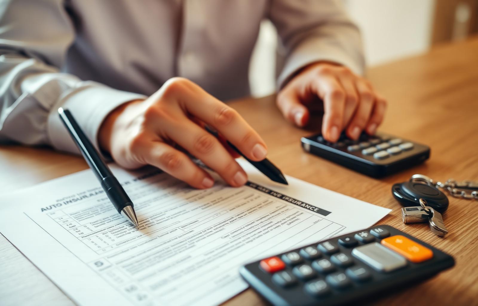 Person filling out an uninsured motorist coverage claim form with calculator and car keys