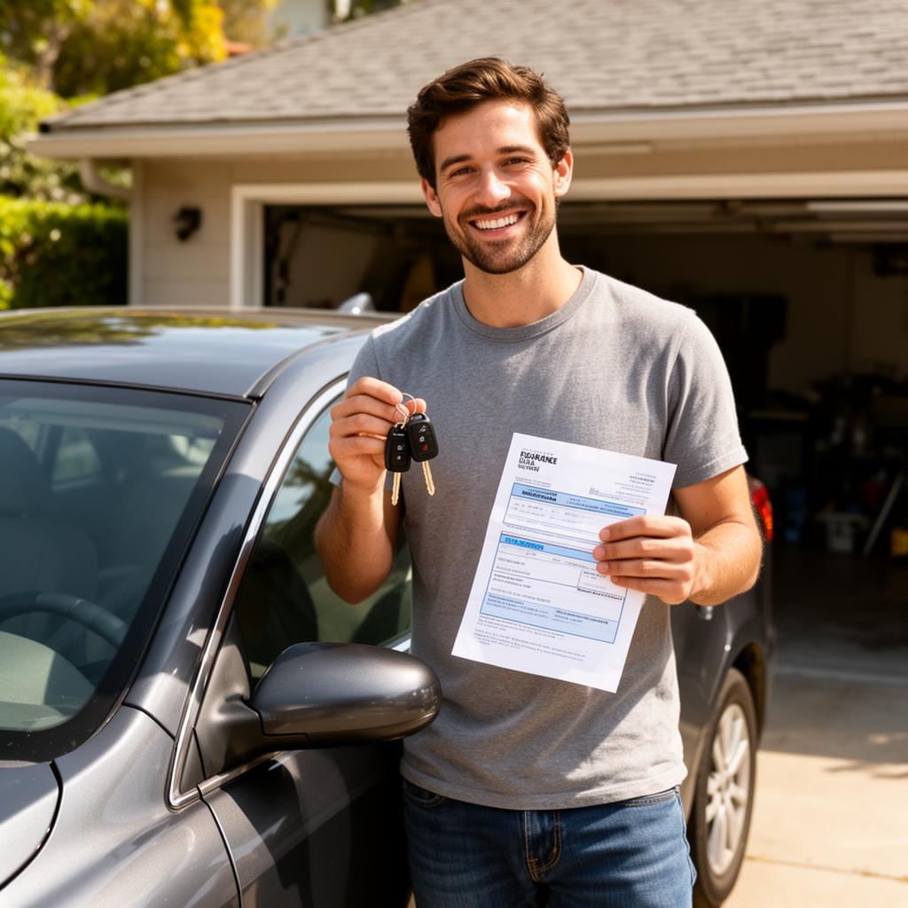 Smiling driver standing next to their car in a sunny driveway holding car keys up after successfully lowering their auto insurance premium following an accident — proof that a post-accident rate increase does not have to be permanent