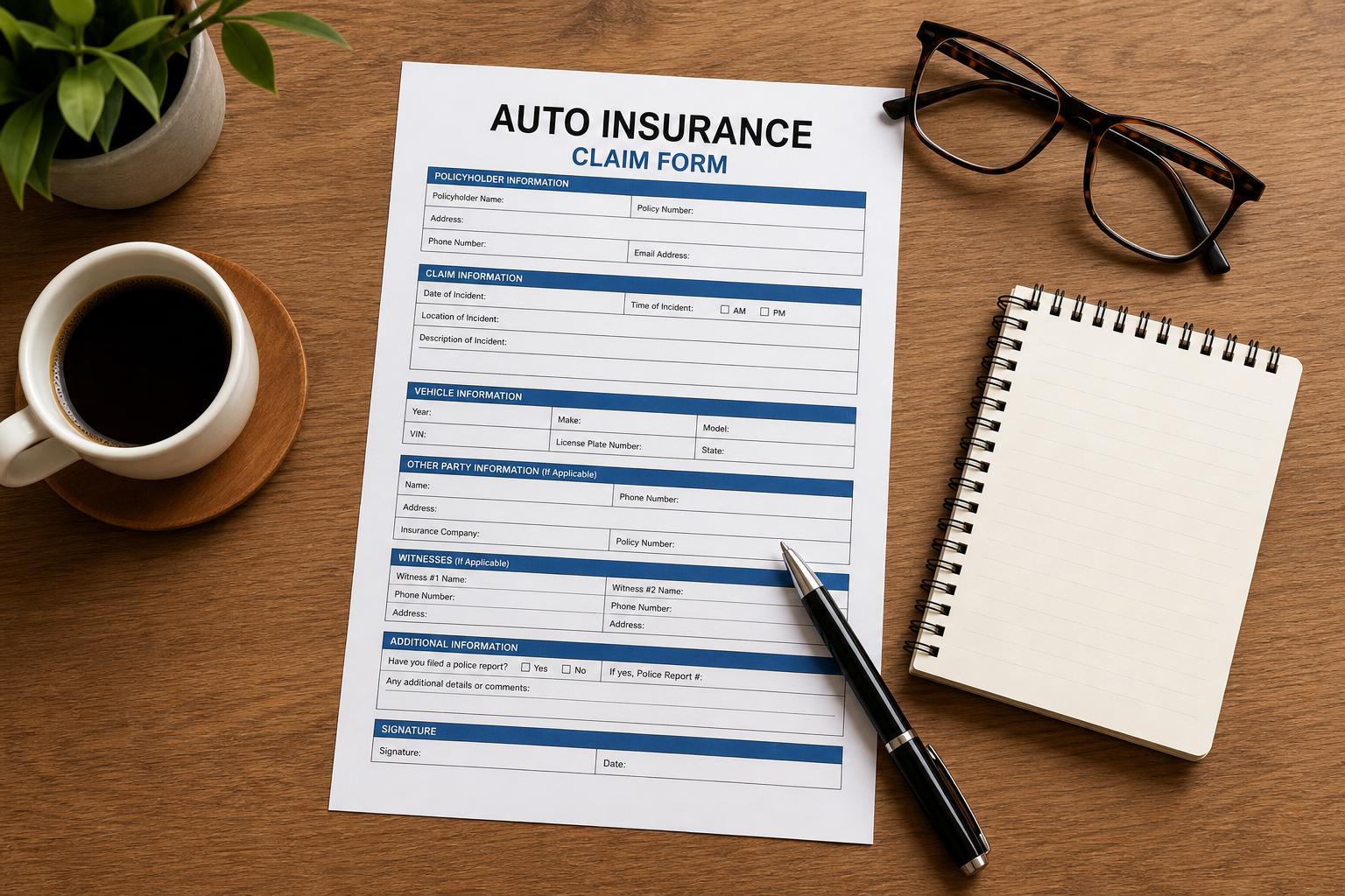 Auto insurance claim form on a desk with pen and glasses ready for filing a hit and run insurance claim