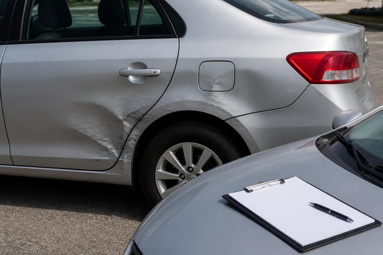 Driver photographing dented car door damage with phone after a hit and run accident insurance claim