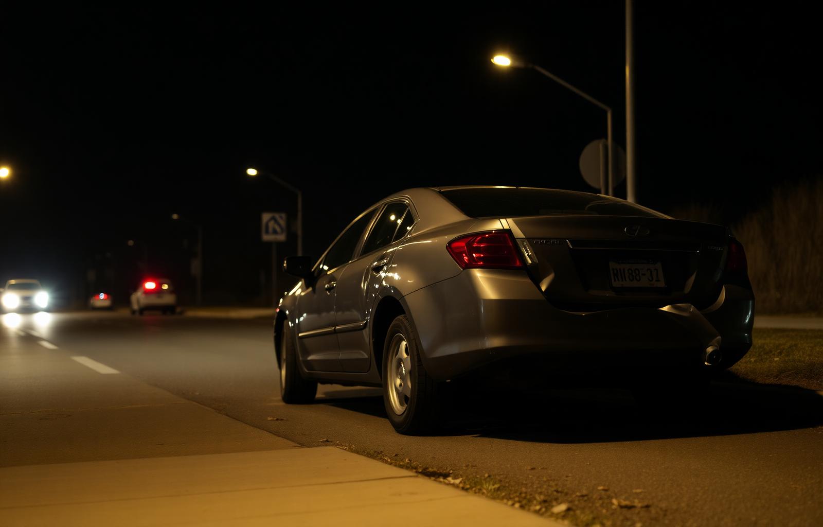 Damaged car parked alone on a dark roadside at night after a hit and run accident insurance claim