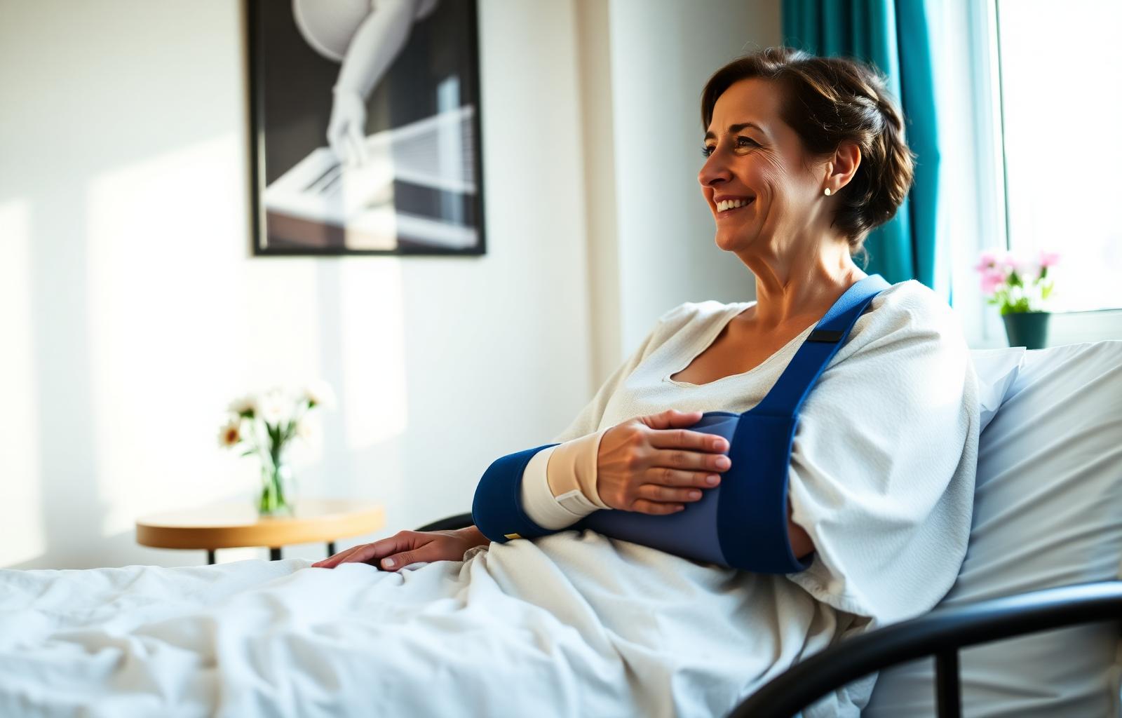 Car accident survivor recovering in a hospital bed with her arm in a cast and sling after a drunk driver crash
