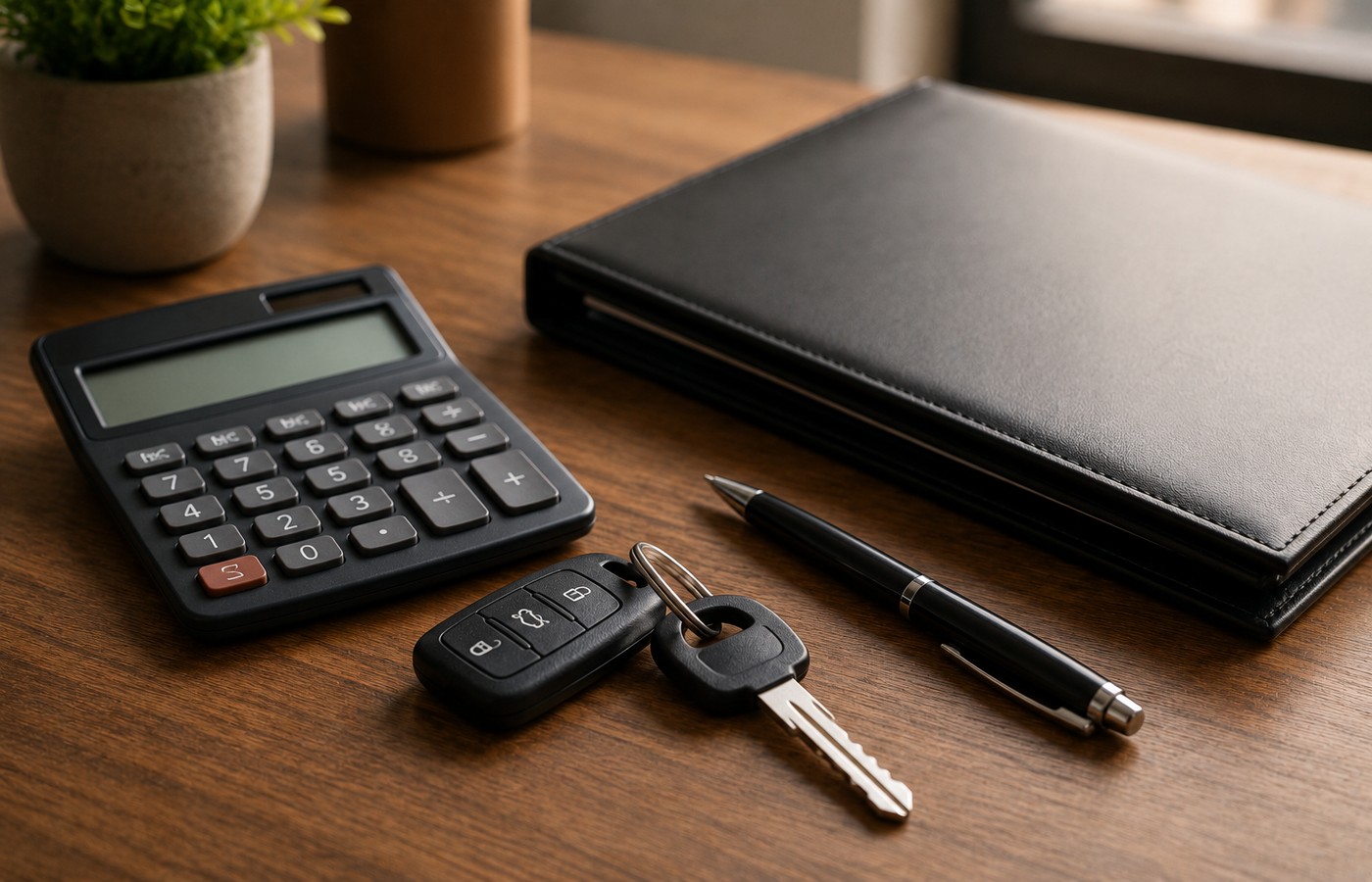 Calculator, car keys, and pen on a desk — illustrating insurance claim settlement calculation