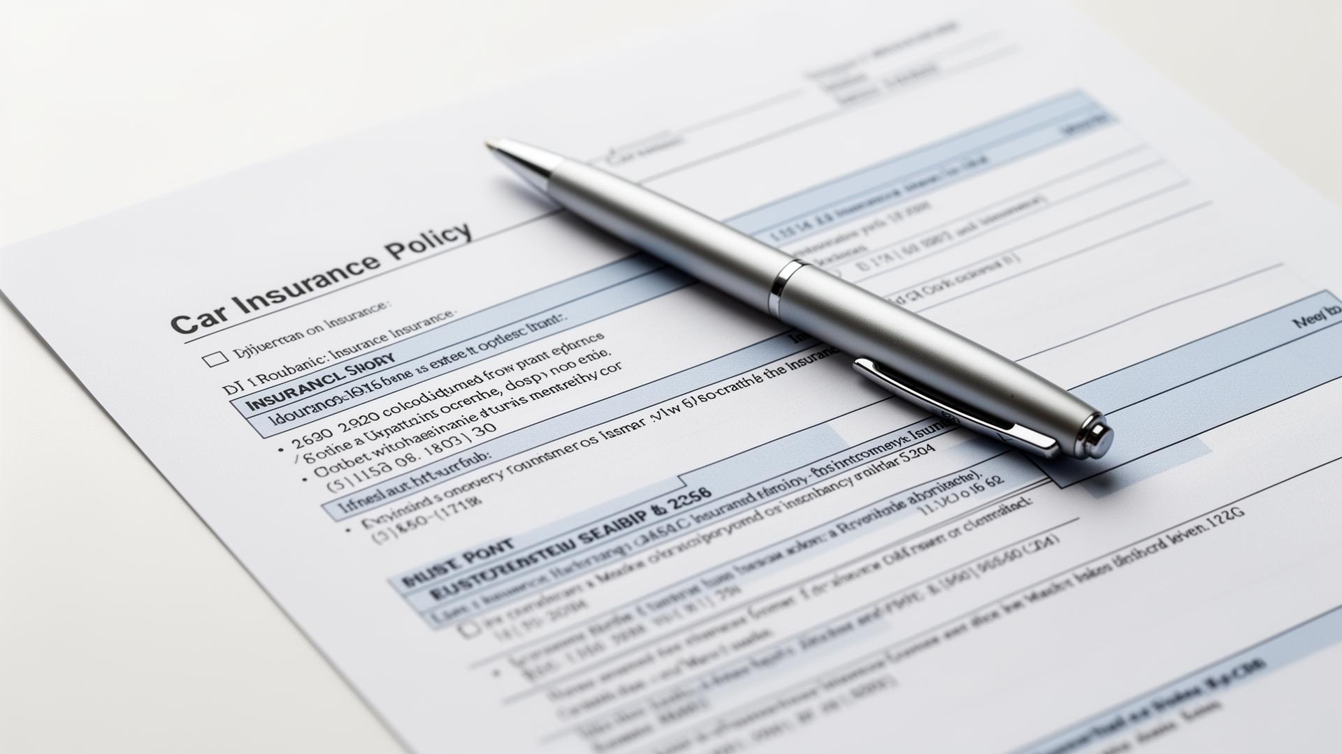 Close-up of a car insurance policy document with a silver pen resting on top, clean white desk surface with soft natural light