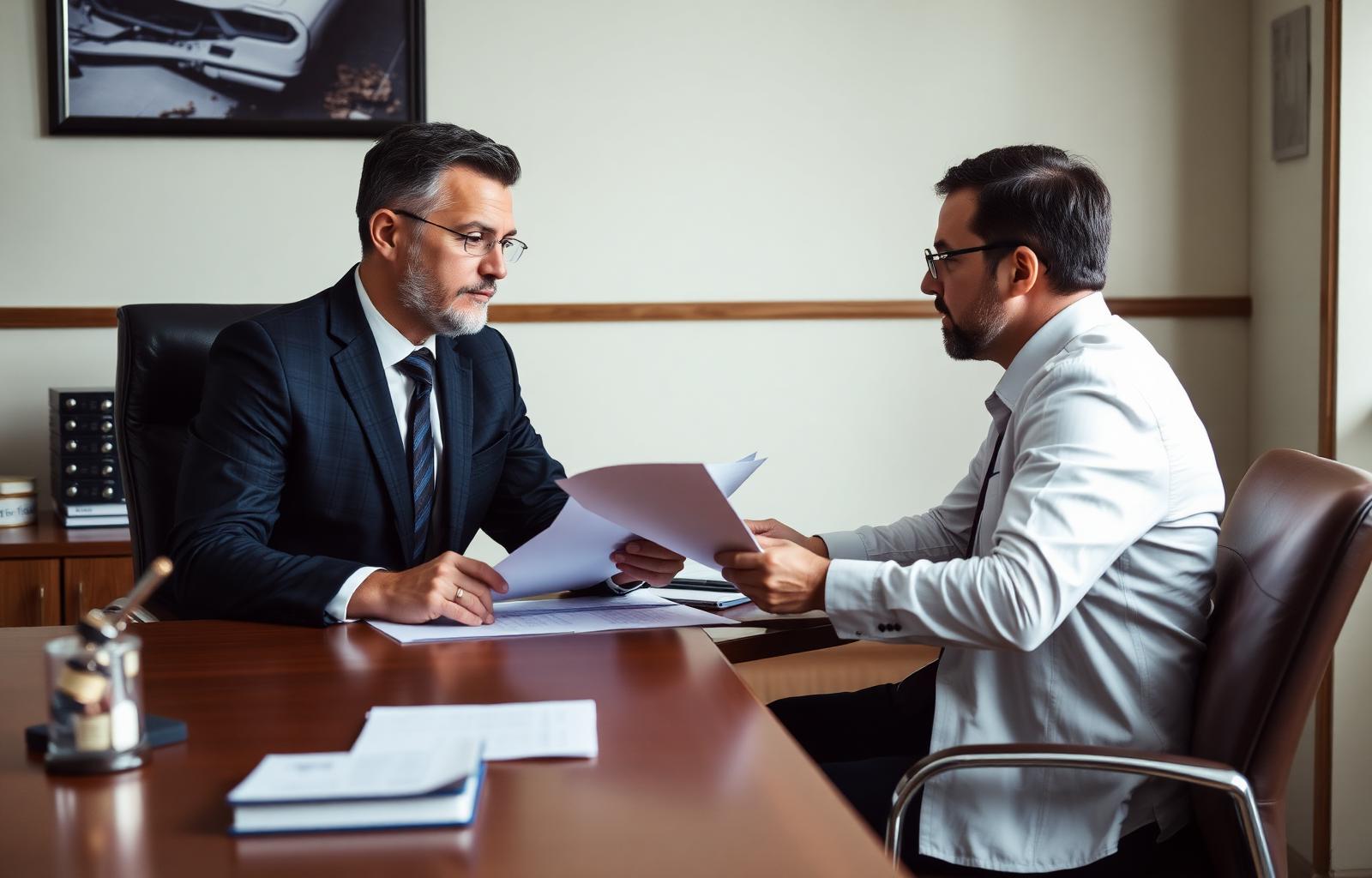 Car accident lawyer sitting across from a client at a desk reviewing legal documents — car accident lawyer cost and contingency fees guide