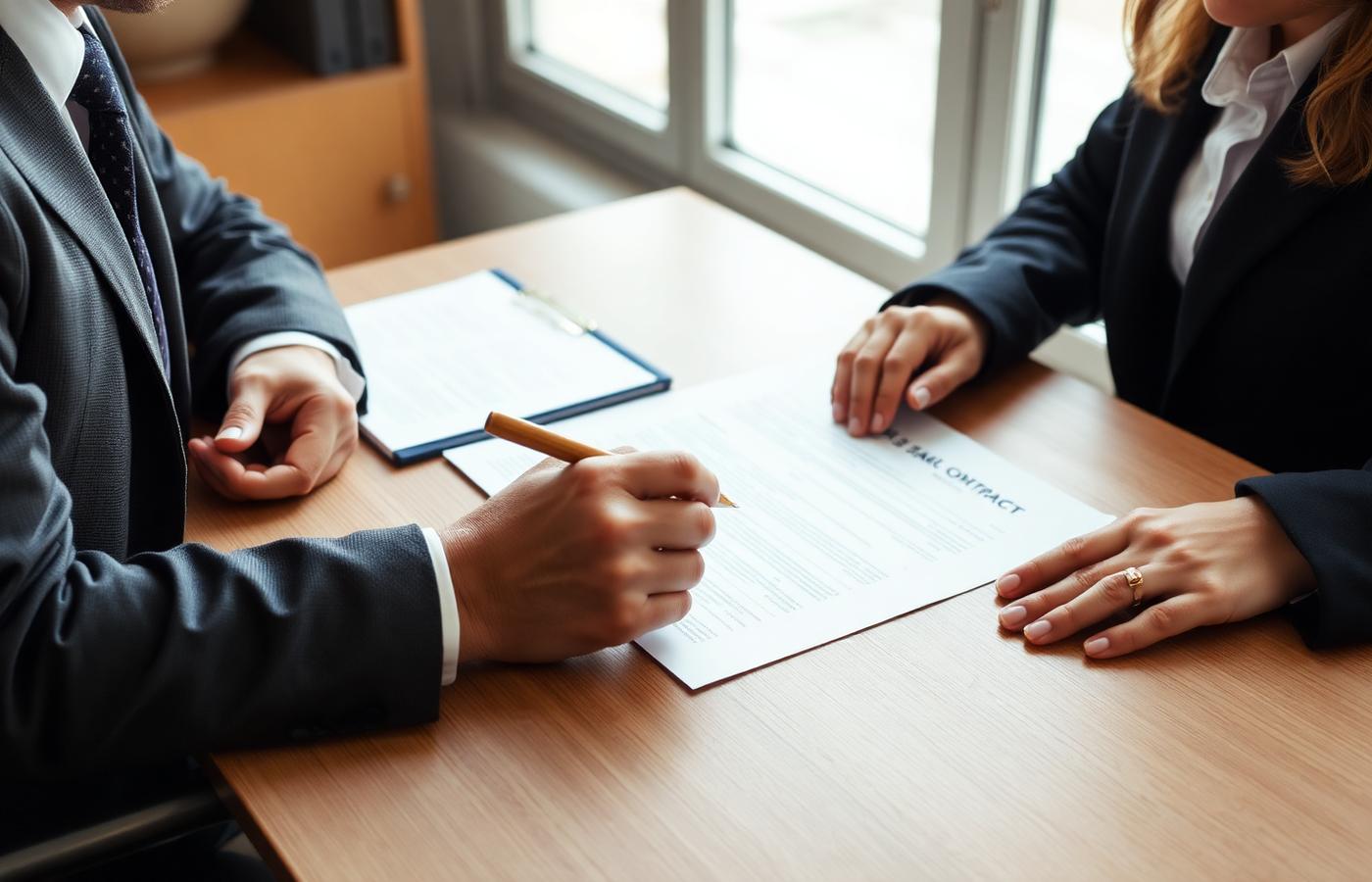 Car accident lawyer and client reviewing settlement documents and contract together at desk