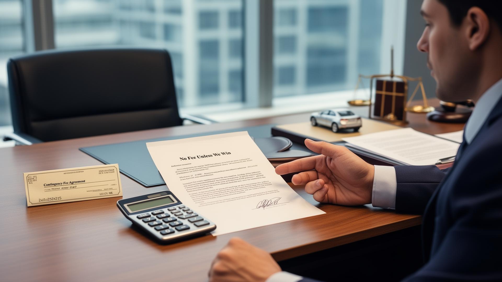 Car accident lawyer reviewing a contingency fee agreement with a client — no fee unless you win