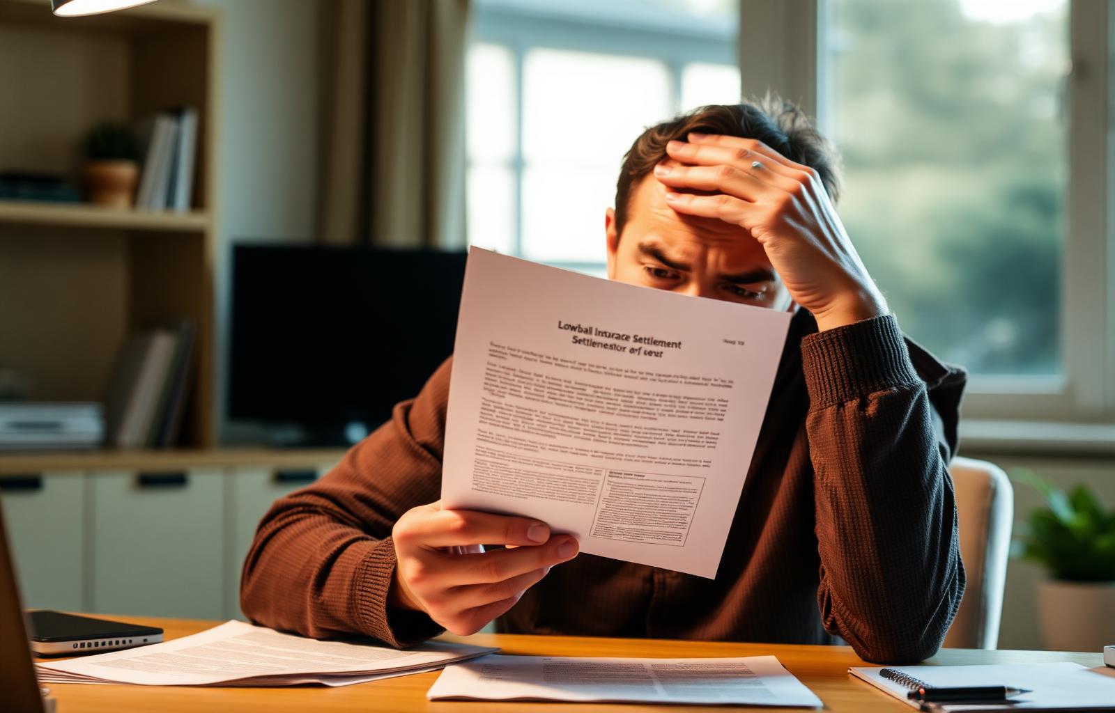 Frustrated accident victim reading a lowball car insurance settlement offer letter at a home desk — why you should never accept the first insurance settlement offer