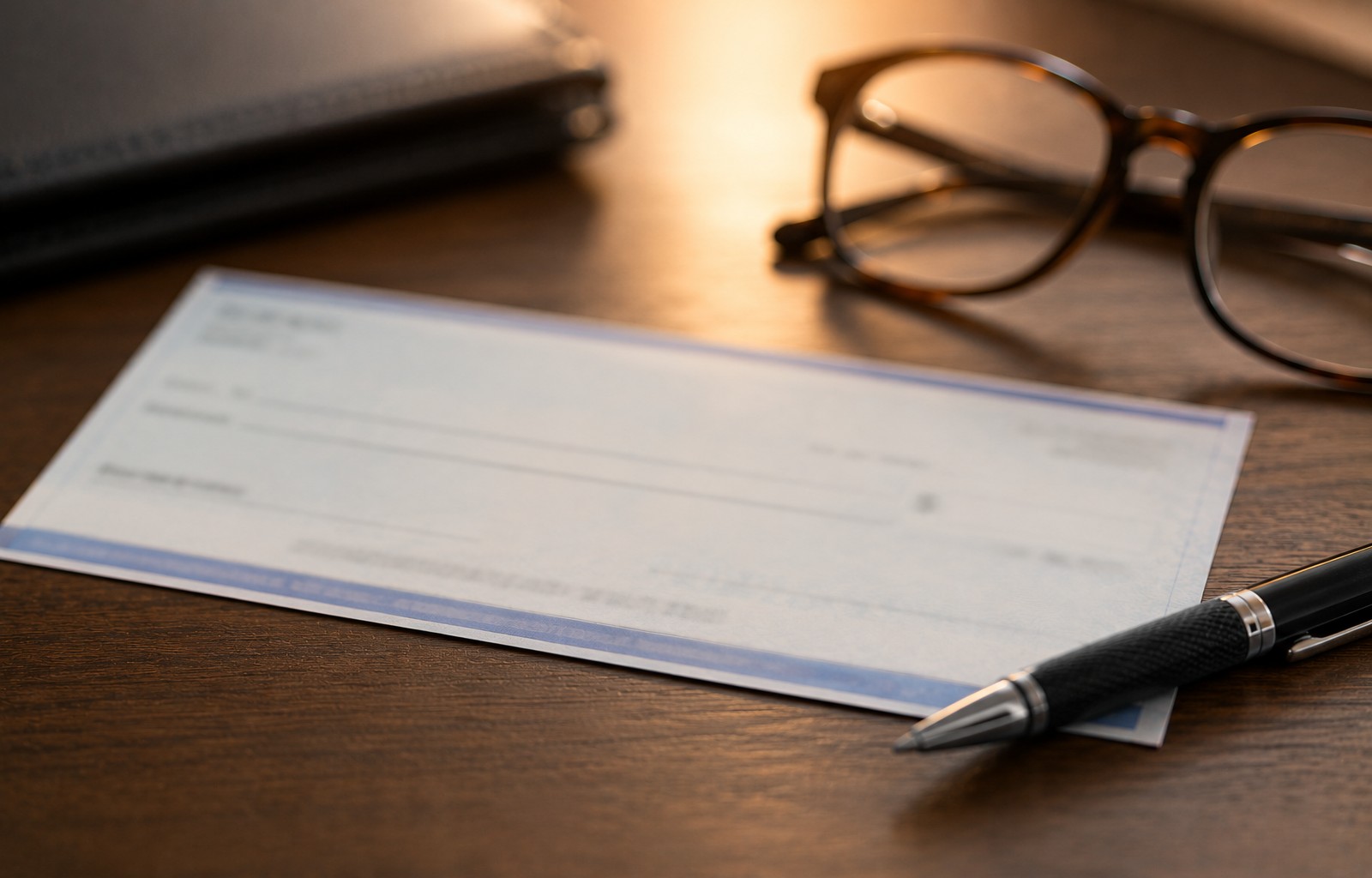 A settlement check on a desk with glasses and pen — responding to a lowball insurance settlement offer