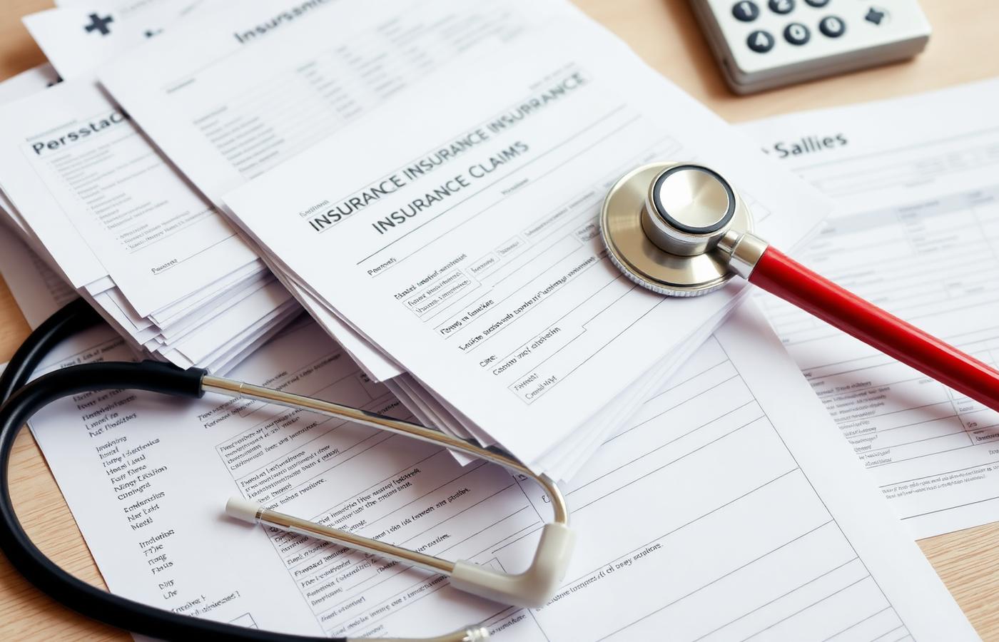 Stack of medical bills and insurance claim forms on a desk with stethoscope after a car accident