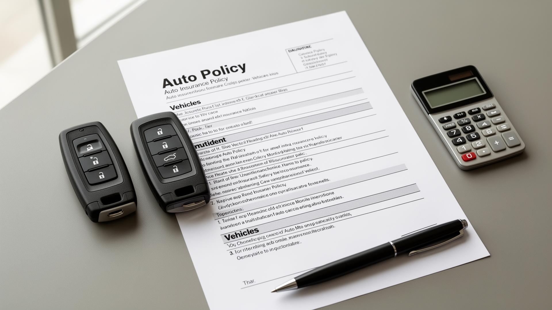 Two car key fobs on an auto insurance policy document showing how multi-car insurance discounts work