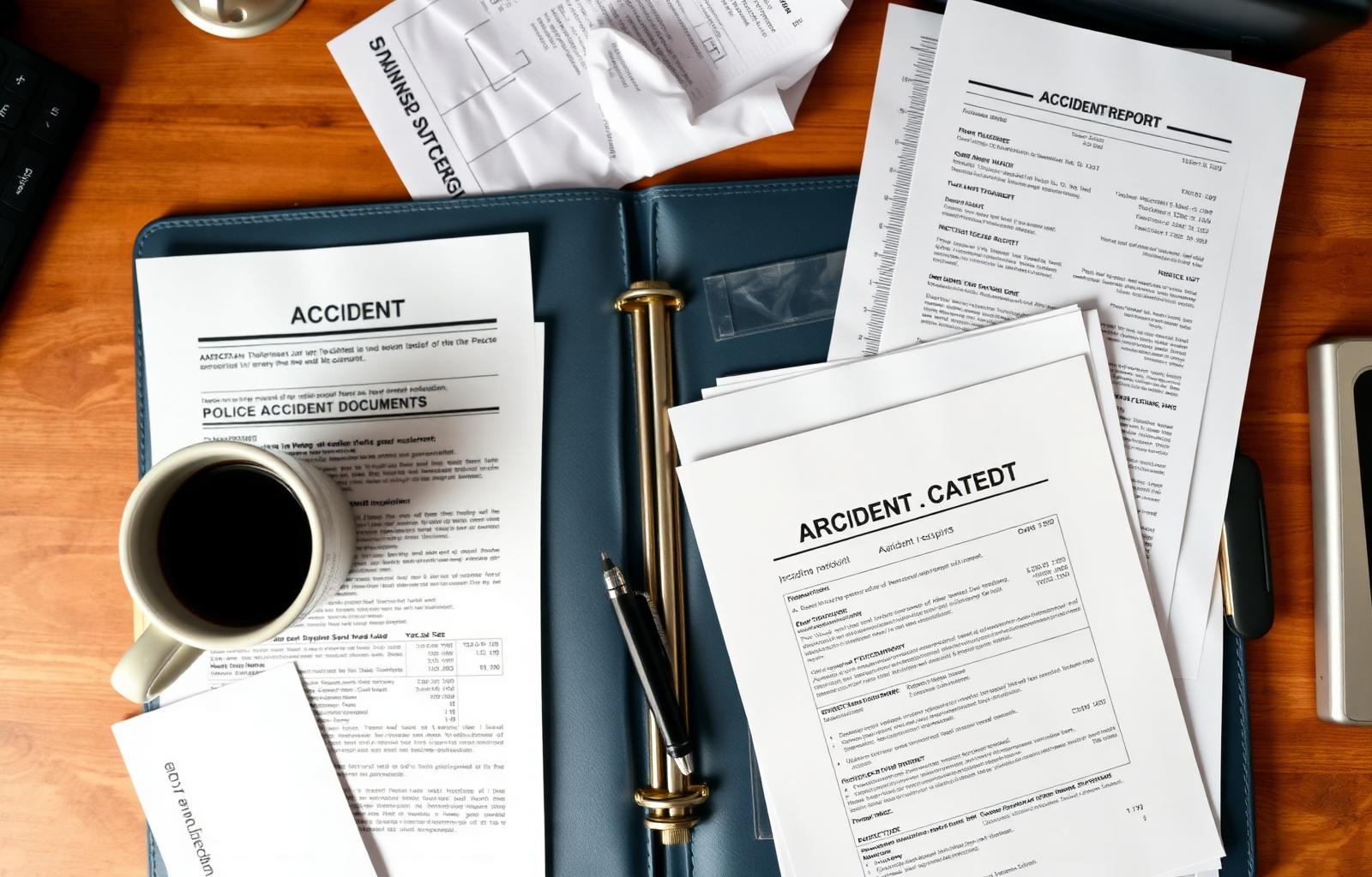 Top-down view of an organized binder of car accident documents with police report, medical receipts, insurance papers and a coffee mug on a wooden desk — how to set up a car accident documentation system in the first 72 hours