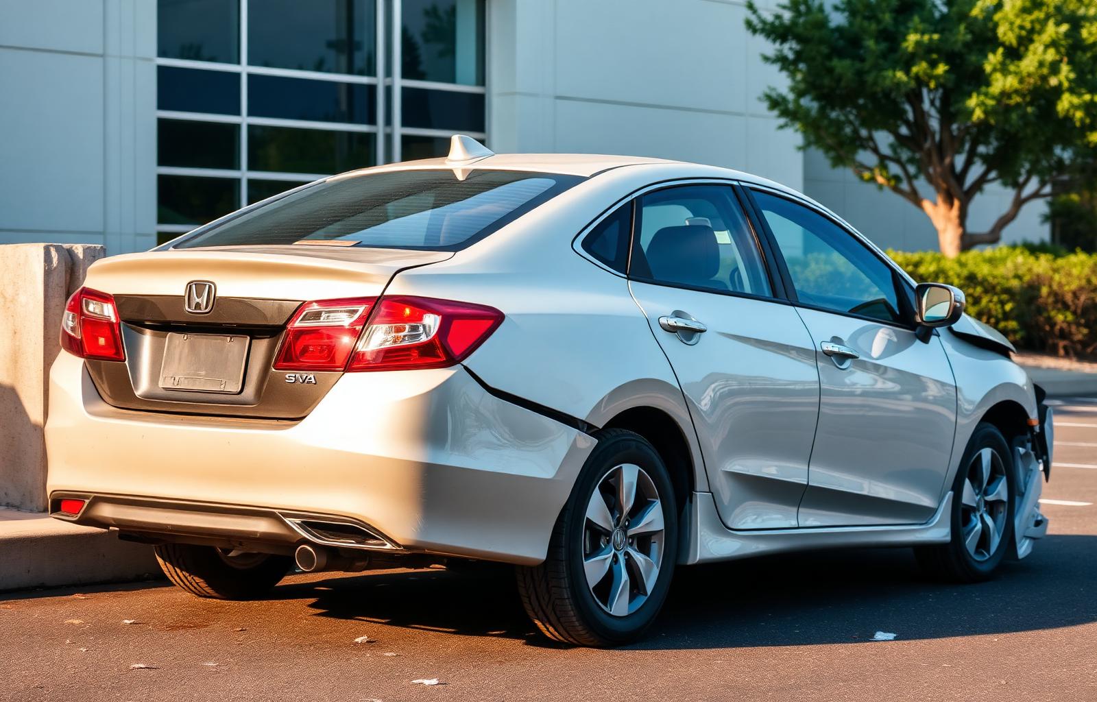 Heavily damaged parked sedan in an office building parking lot during daytime after a hit and run accident