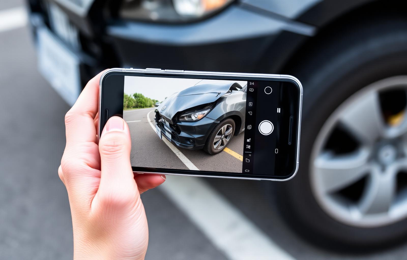 Driver photographing crumpled front bumper of damaged car at accident scene with smartphone, documenting visible damage before vehicles are moved — how to document a car accident scene in the first hour