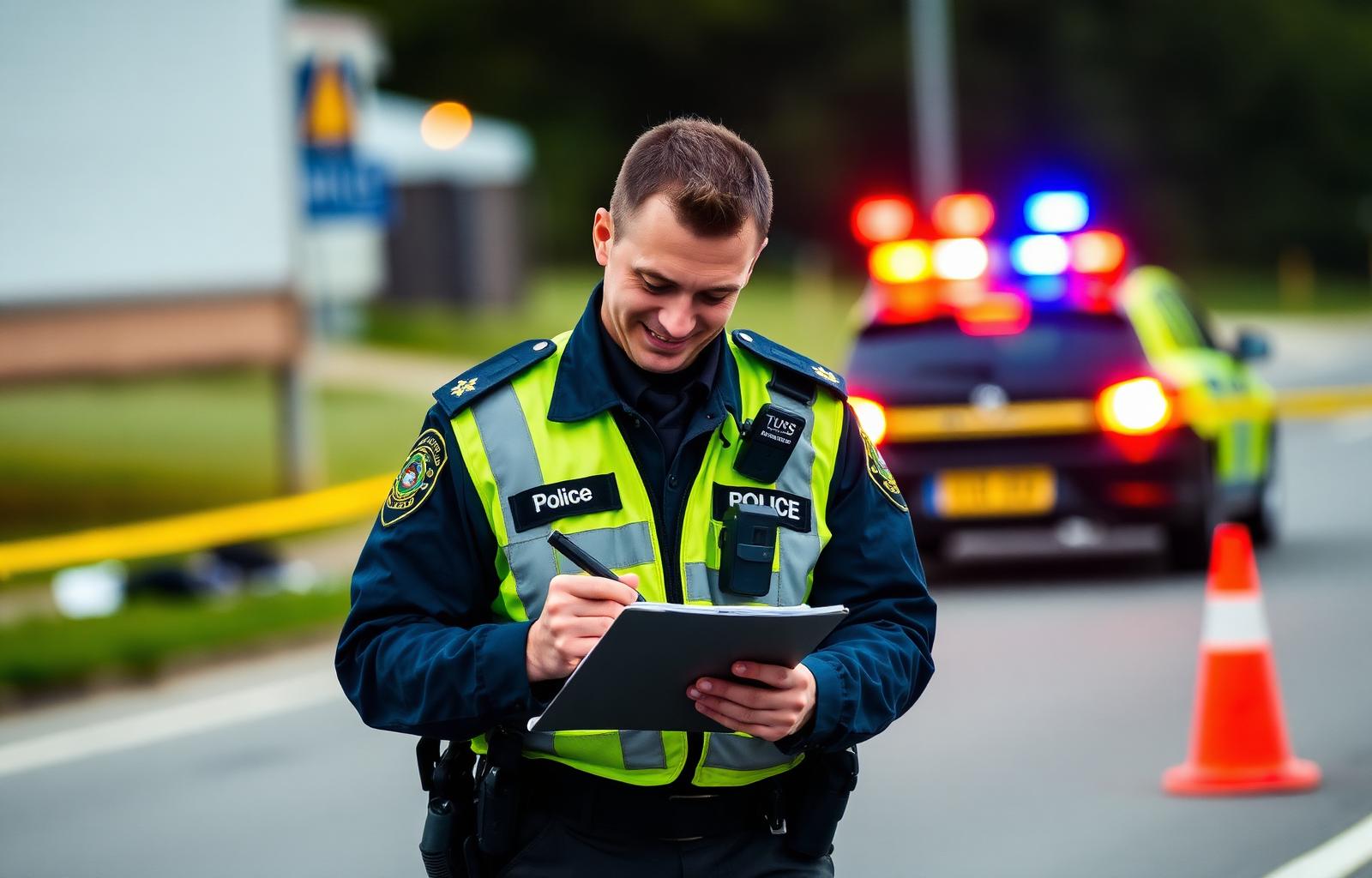 Police officer writing a hit and run accident report at the crash scene with patrol car lights behind