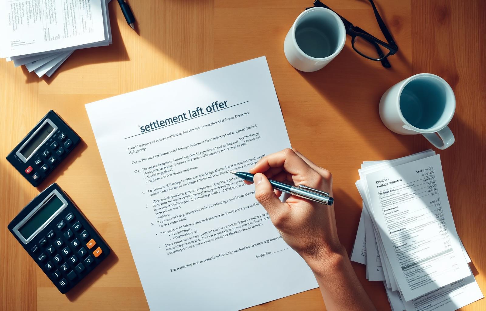Top-down view of hands carefully reviewing a printed insurance settlement offer letter at a kitchen table next to a calculator, a stack of medical bills, reading glasses and a coffee mug — calculating the true value of a car accident claim before accepting a settlement offer