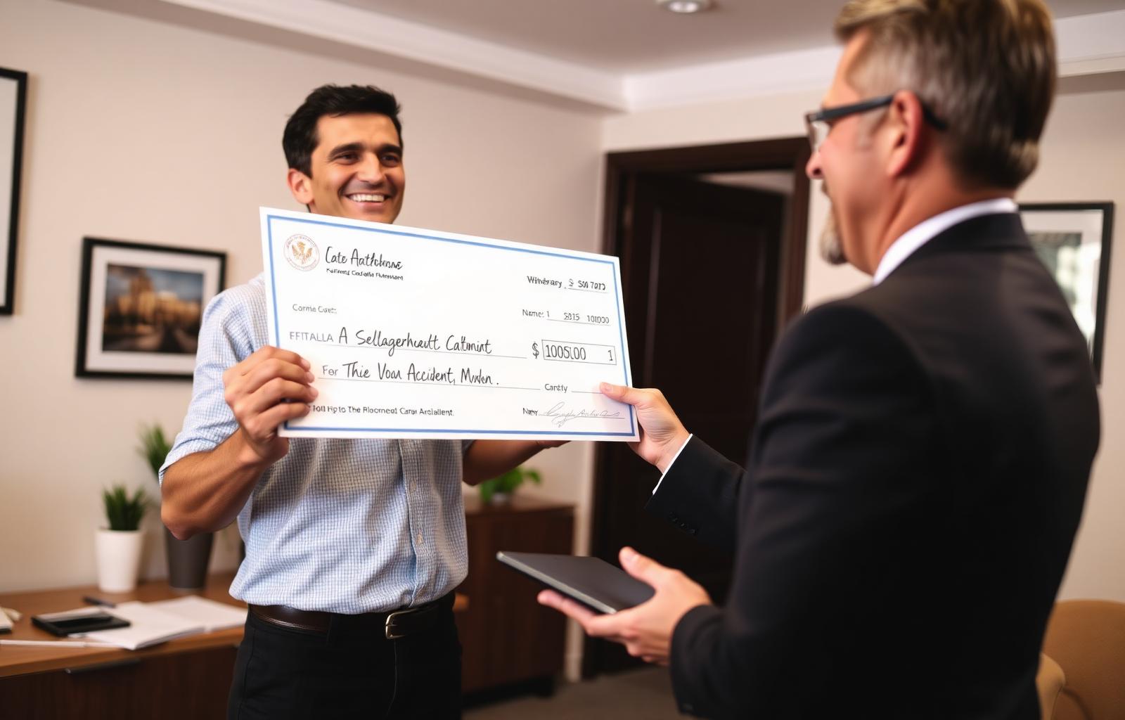 Smiling client receiving a large car accident settlement check from an attorney in a law office