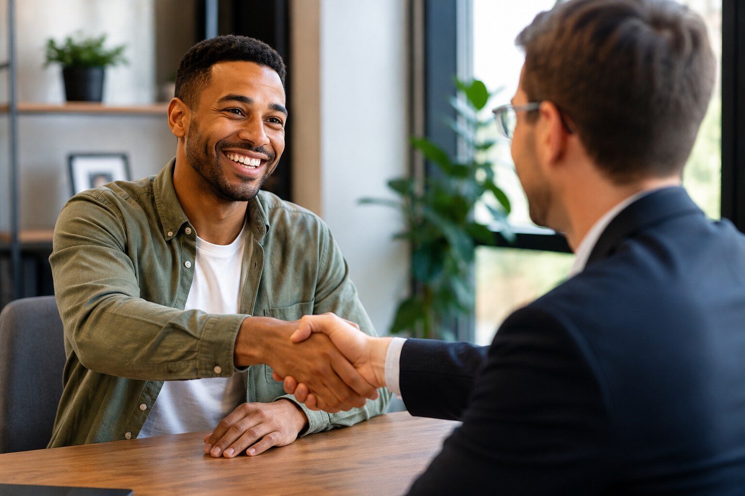 Client shaking hands with an attorney after reaching a car accident settlement agreement