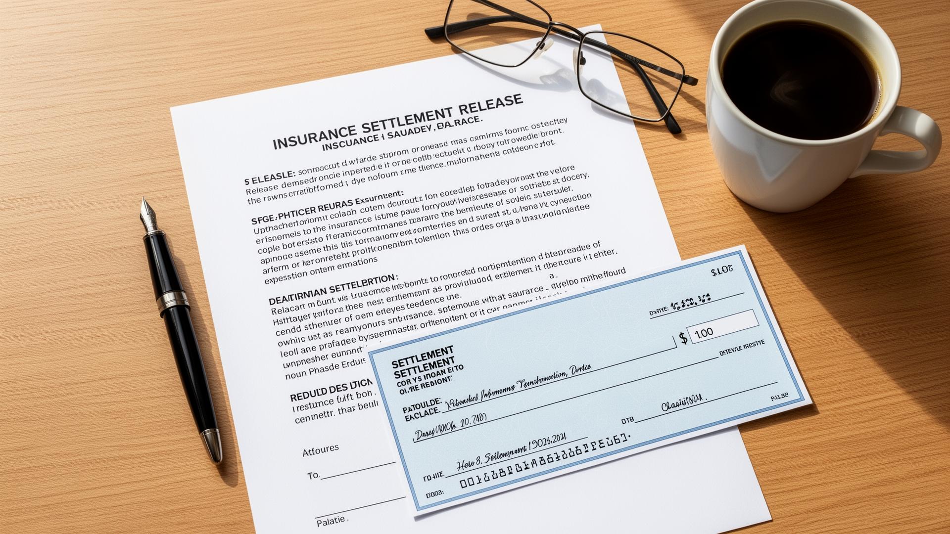 Insurance settlement release document with a settlement check, fountain pen and reading glasses on a wooden desk — final stage of the auto insurance claim process